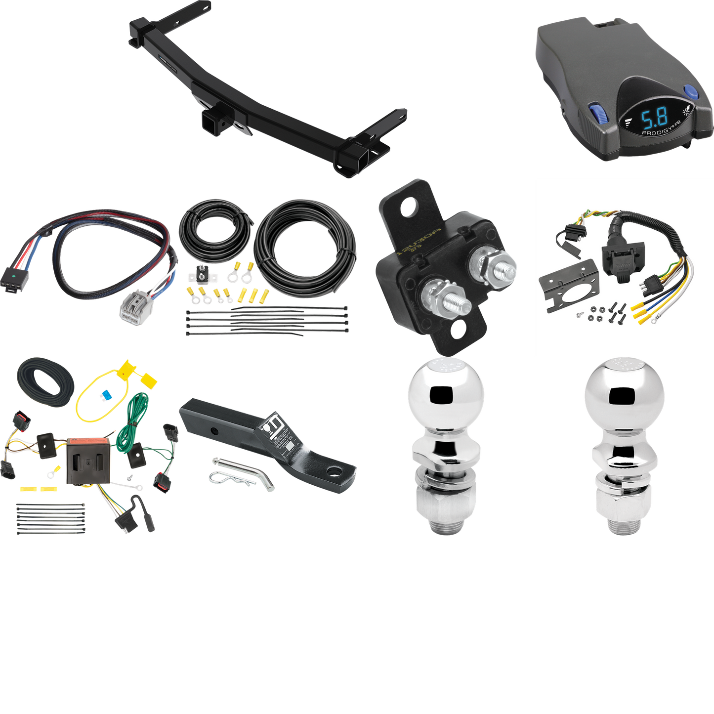 Se adapta al paquete de enganche de remolque Dodge Durango 2011-2013 con control de freno Tekonsha Prodigy P2 + adaptador BC Plug & Play + cableado RV de 7 vías + soporte de bola y caída de 2" y 2-5/16" de Reese Towpower