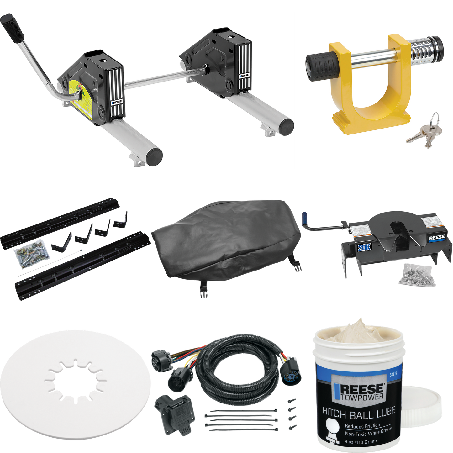 Fits 2007-2016 GMC Sierra 3500 HD Industry Standard Semi-Custom Above Bed Rail Kit + 20K Fifth Wheel + Round Tube Slider + In-Bed Wiring + King Pin Lock + Base Rail Lock + 10" Lube Plate + Fifth Wheel Cover + Lube (For 6-1/2' or Shorter Bed, Except w