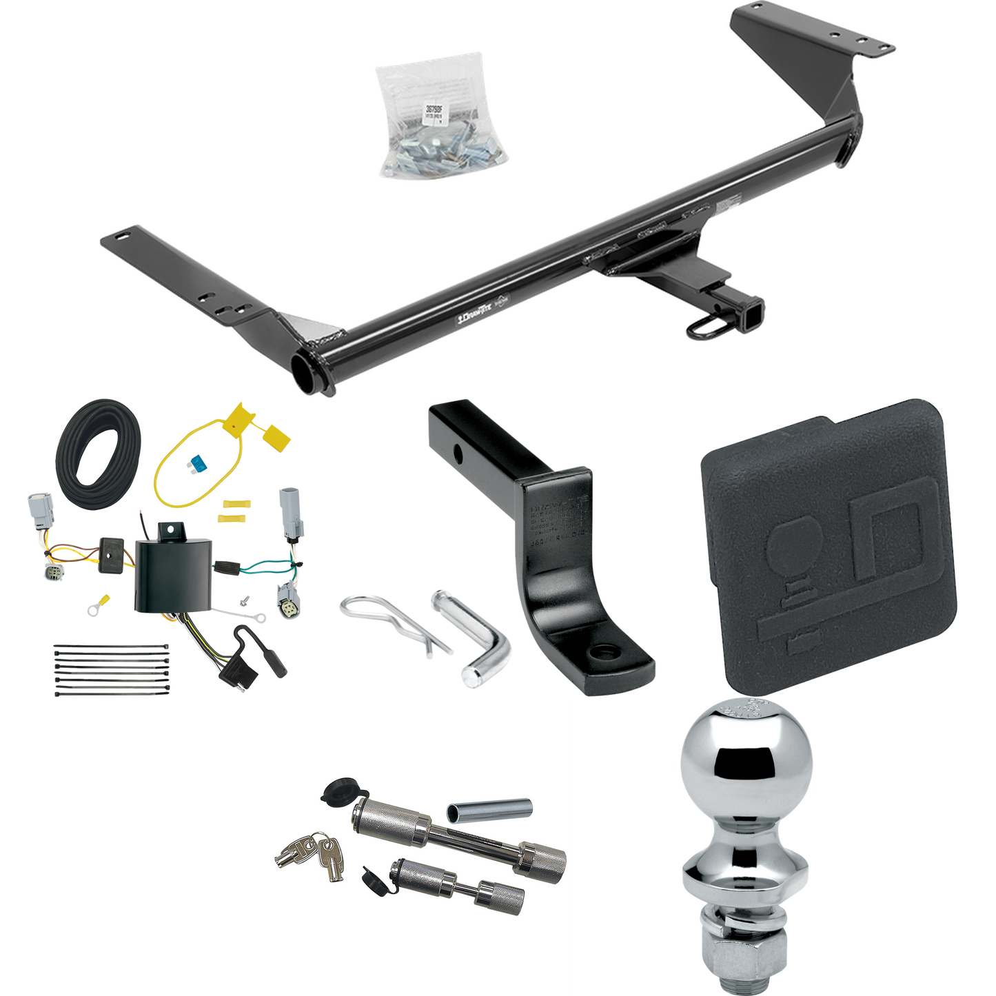 Se adapta al paquete de enganche de remolque Chrysler Voyager 2020-2023 con arnés de cableado de 4 planos + barra de tracción + bola de 1-7/8" + cubierta de enganche + enganche doble y cerraduras de acoplador de Draw-Tite