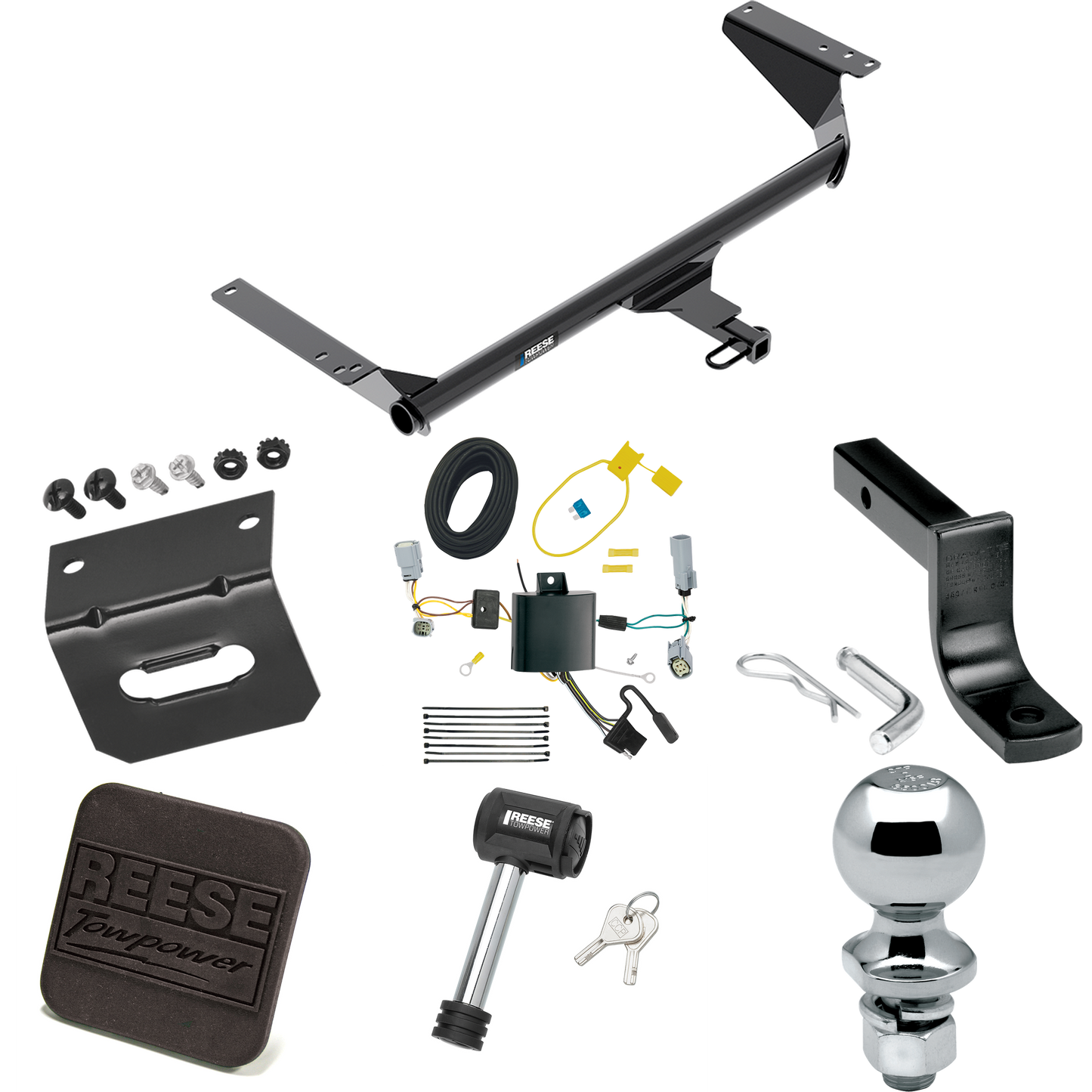 Se adapta al paquete de enganche de remolque Chrysler Voyager 2020-2023 con arnés de cableado de 4 planos + barra de tracción + bola de 2" + soporte de cableado + cubierta de enganche + bloqueo de enganche de Reese Towpower