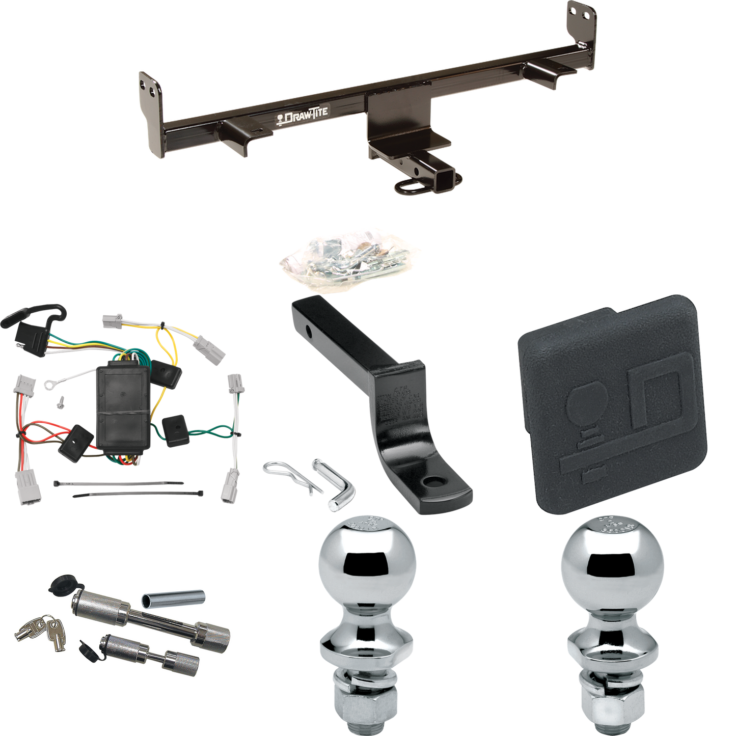 Fits 2004-2009 Mazda 3 Trailer Hitch Tow PKG w/ 4-Flat Wiring Harness + Draw-Bar + 1-7/8" + 2" Ball + Hitch Cover + Dual Hitch & Coupler Locks (For Hatchback, Except w/Grand Touring LED Taillights Models) By Draw-Tite