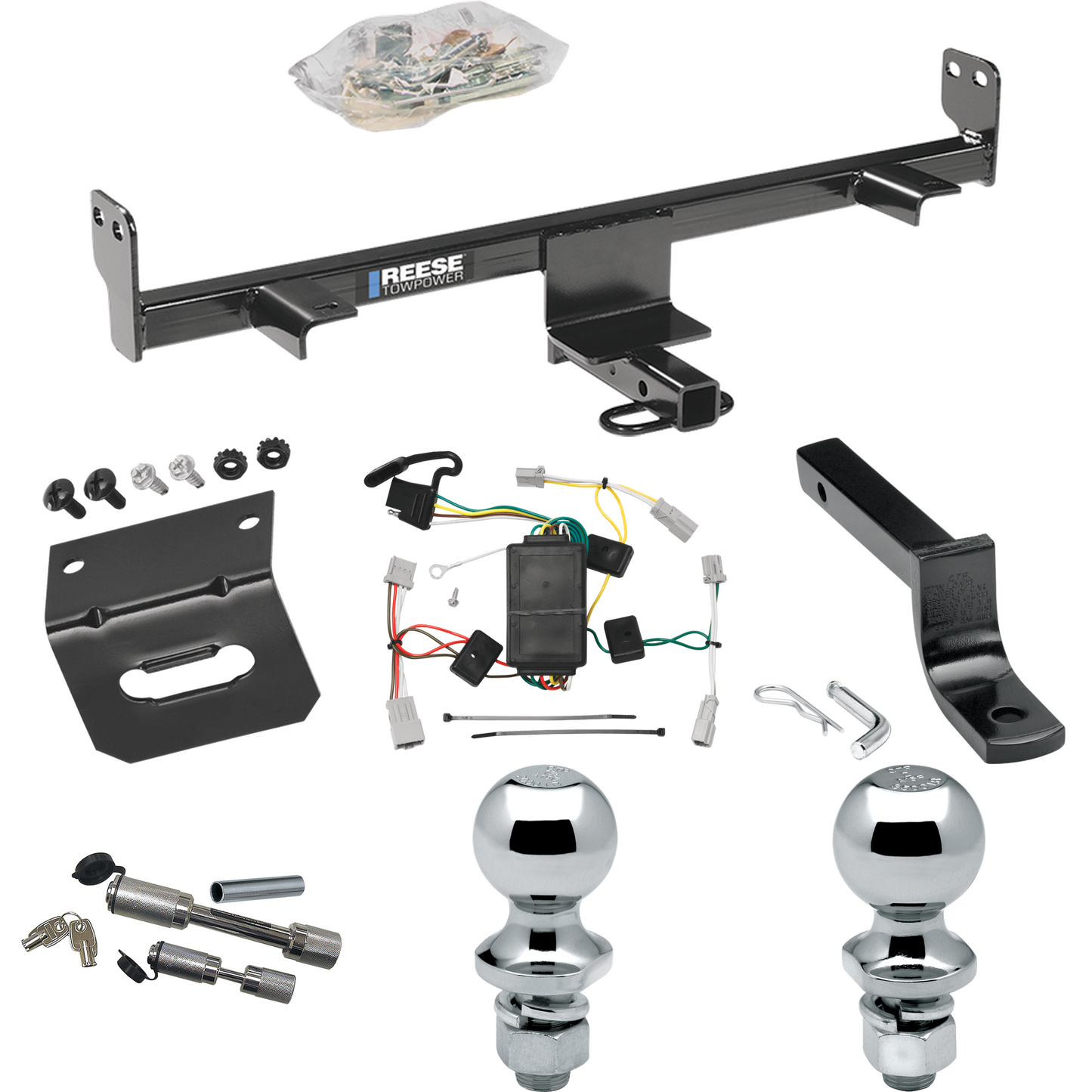Fits 2004-2009 Mazda 3 Trailer Hitch Tow PKG w/ 4-Flat Wiring Harness + Draw-Bar + 1-7/8" + 2" Ball + Wiring Bracket + Dual Hitch & Coupler Locks (For Hatchback, Except w/Grand Touring LED Taillights Models) By Reese Towpower