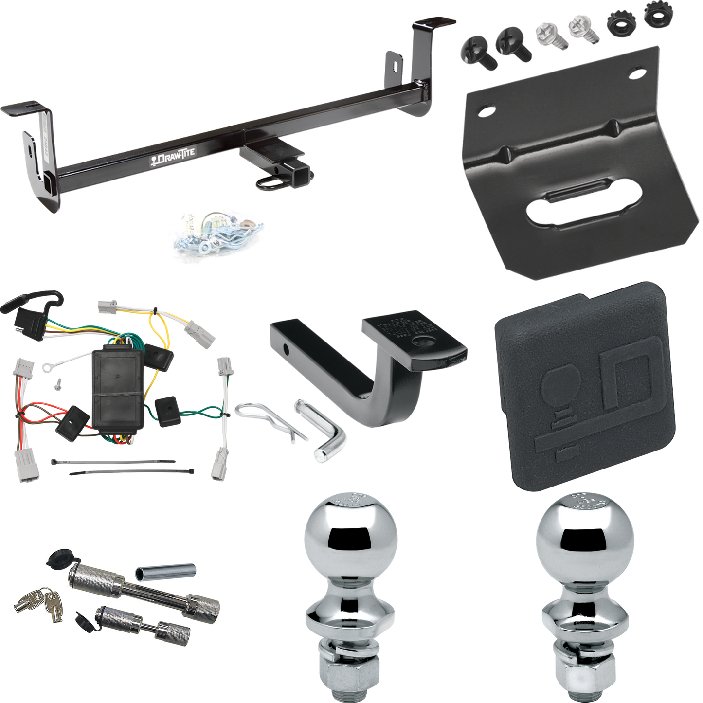 Fits 2010-2013 Mazda 3 Trailer Hitch Tow PKG w/ 4-Flat Wiring Harness + Draw-Bar + 1-7/8" + 2" Ball + Wiring Bracket + Hitch Cover + Dual Hitch & Coupler Locks (For Hatchback, Except w/Grand Touring LED Taillights Models) By Draw-Tite