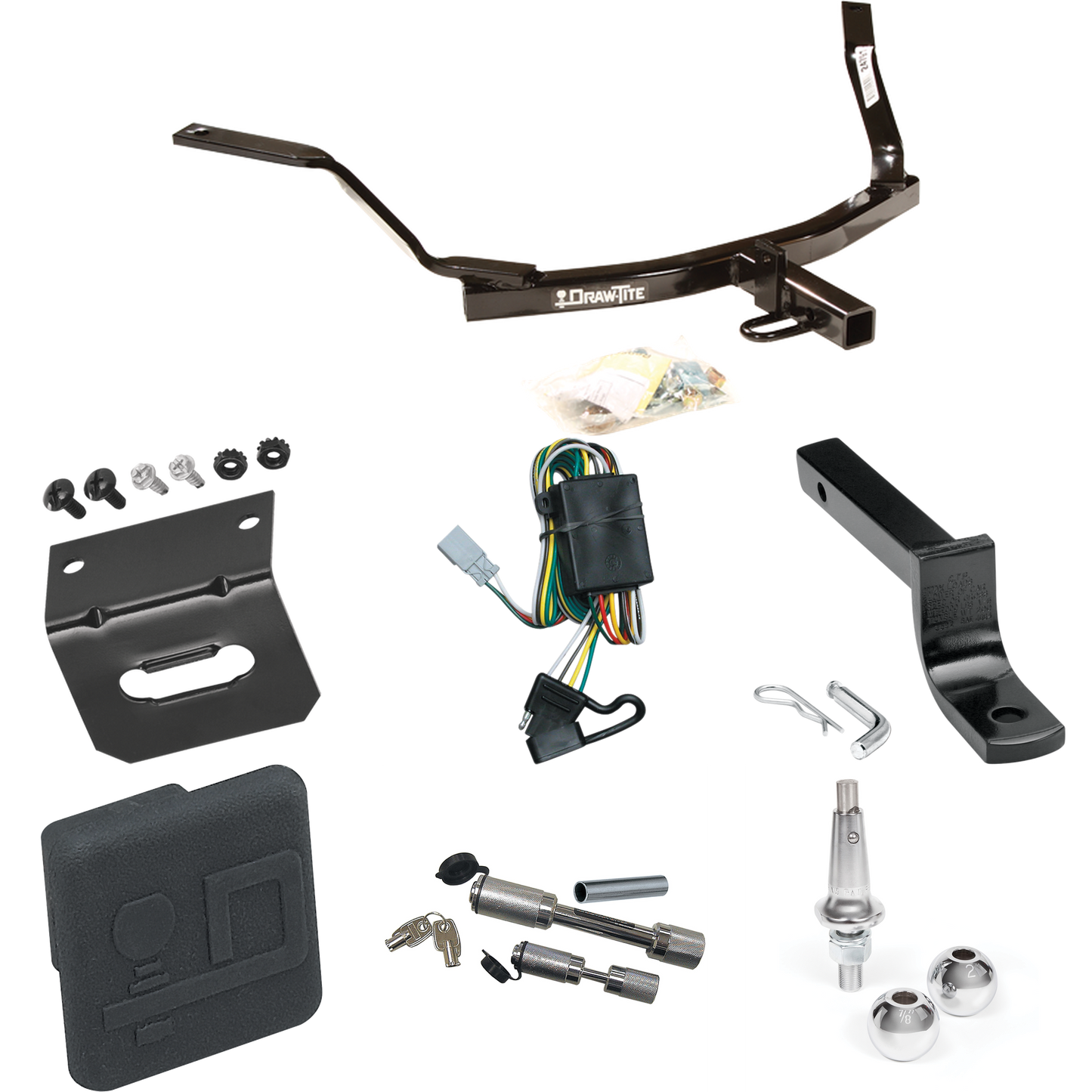 Fits 1998-2002 Honda Accord Trailer Hitch Tow PKG w/ 4-Flat Wiring Harness + Draw-Bar + Interchangeable 1-7/8" & 2" Balls + Wiring Bracket + Hitch Cover + Dual Hitch & Coupler Locks (For Sedan Models) By Draw-Tite