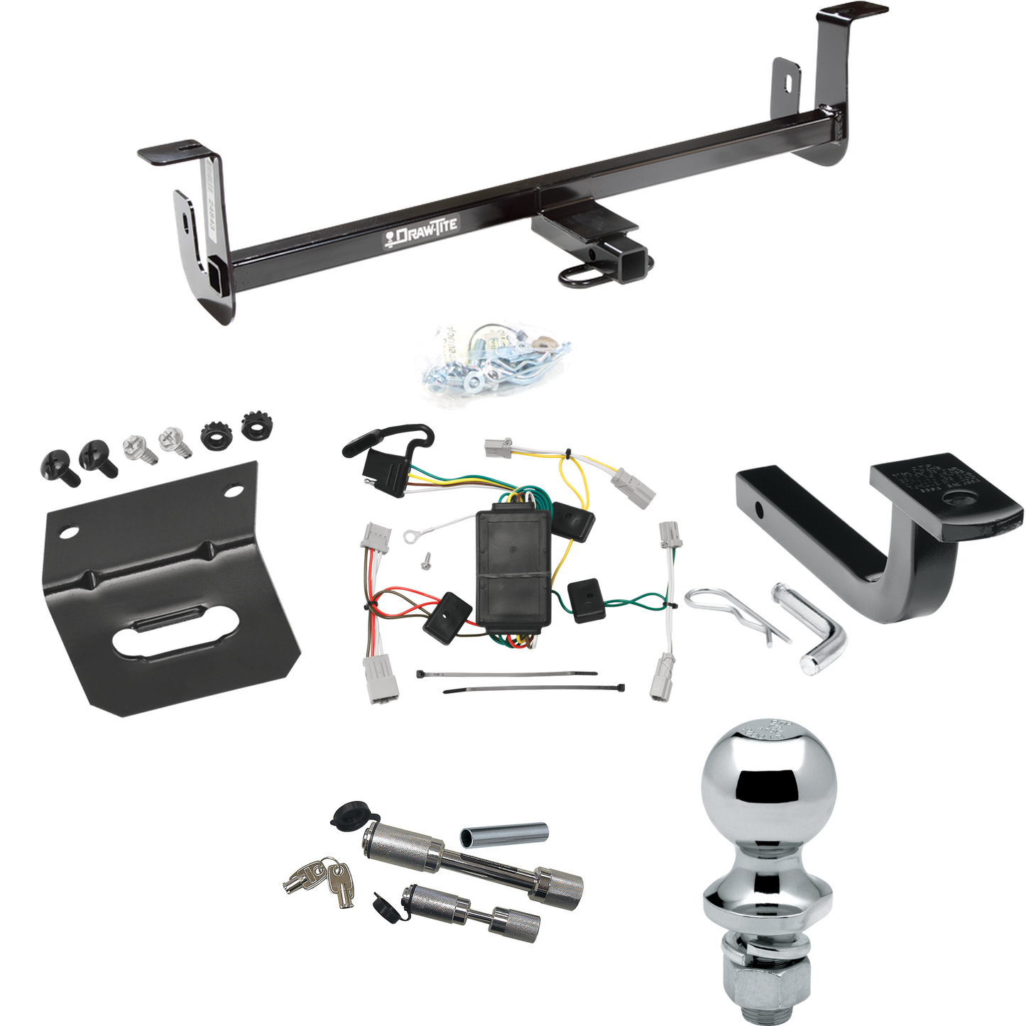 Fits 2010-2013 Mazda 3 Trailer Hitch Tow PKG w/ 4-Flat Wiring Harness + Draw-Bar + 1-7/8" Ball + Wiring Bracket + Dual Hitch & Coupler Locks (For Hatchback, Except w/Grand Touring LED Taillights Models) By Draw-Tite