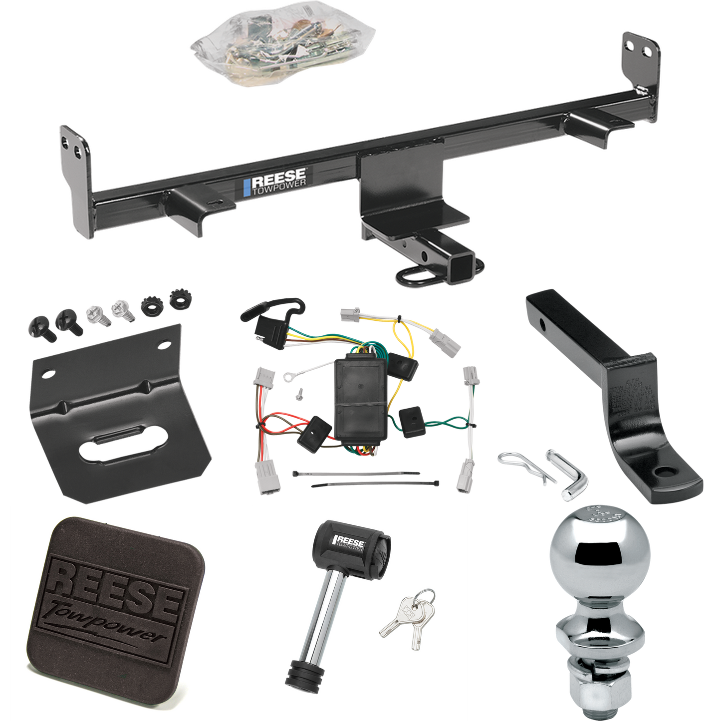 Fits 2004-2009 Mazda 3 Trailer Hitch Tow PKG w/ 4-Flat Wiring Harness + Draw-Bar + 2" Ball + Wiring Bracket + Hitch Cover + Hitch Lock (For Sedan, Except w/Grand Touring LED Taillights Models) By Reese Towpower