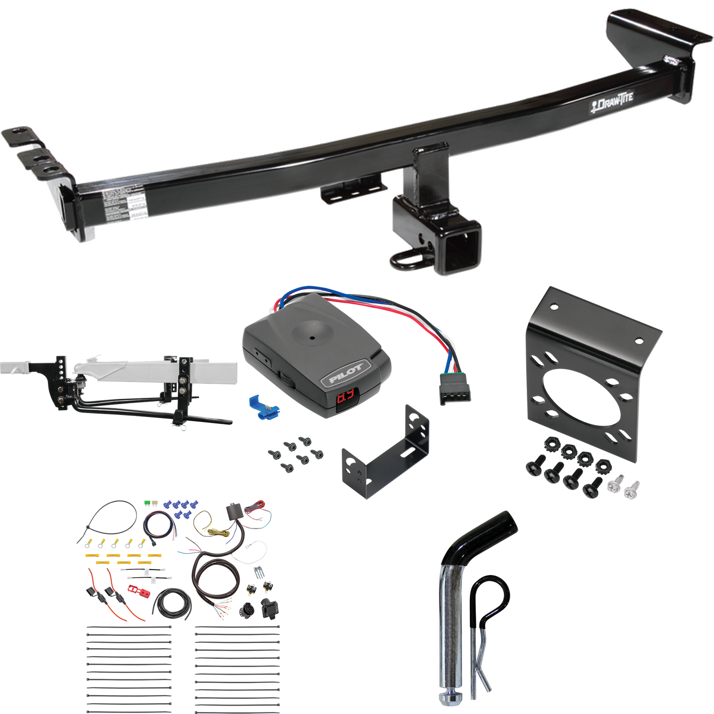 Fits 2003-2004 Volvo XC90 Trailer Hitch Tow PKG w/ 6K Round Bar Weight Distribution Hitch w/ 2-5/16" Ball + Pin/Clip + Pro Series Pilot Brake Control + 7-Way RV Wiring By Draw-Tite