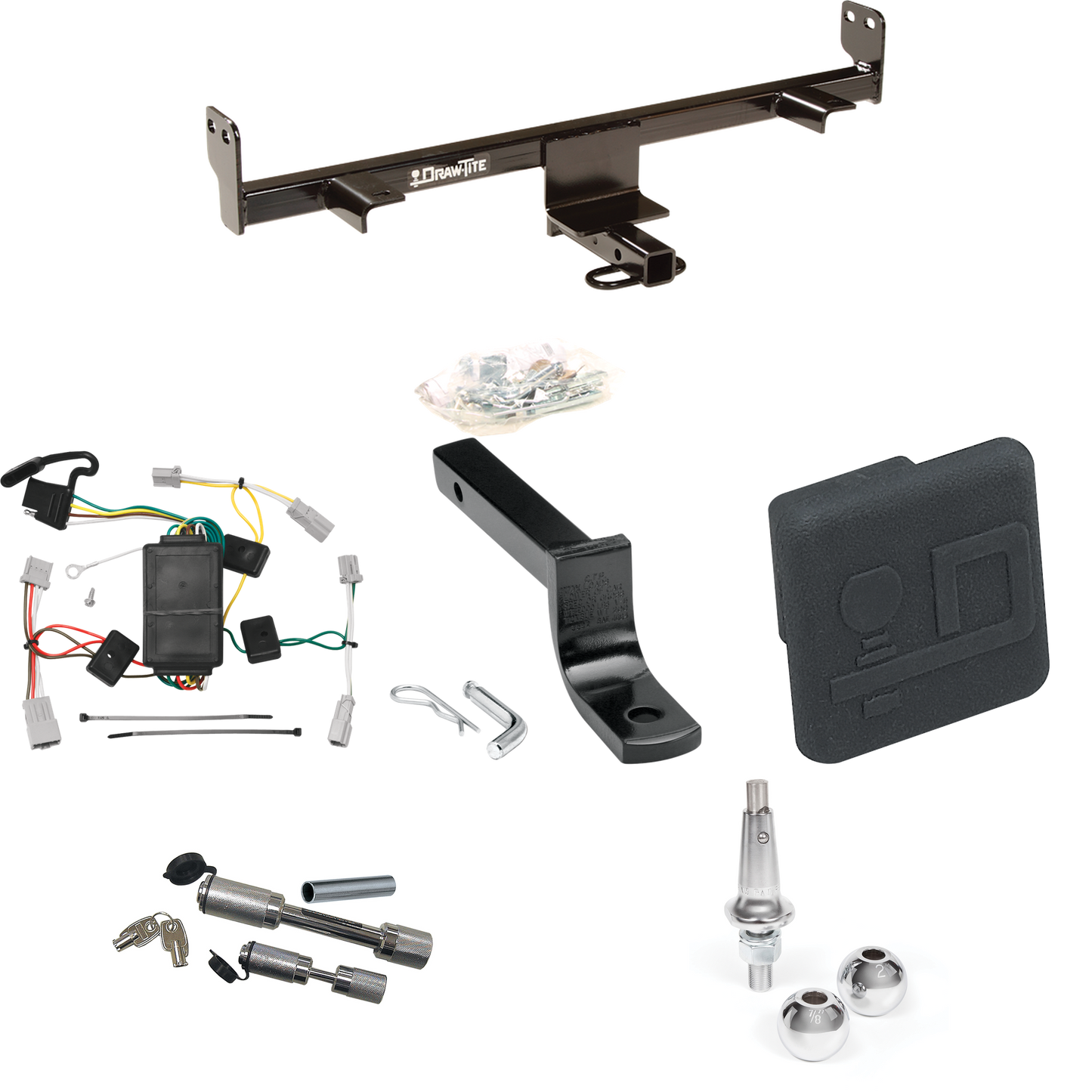 Fits 2004-2009 Mazda 3 Trailer Hitch Tow PKG w/ 4-Flat Wiring Harness + Draw-Bar + Interchangeable 1-7/8" & 2" Balls + Hitch Cover + Dual Hitch & Coupler Locks (For Hatchback, Except w/Grand Touring LED Taillights Models) By Draw-Tite