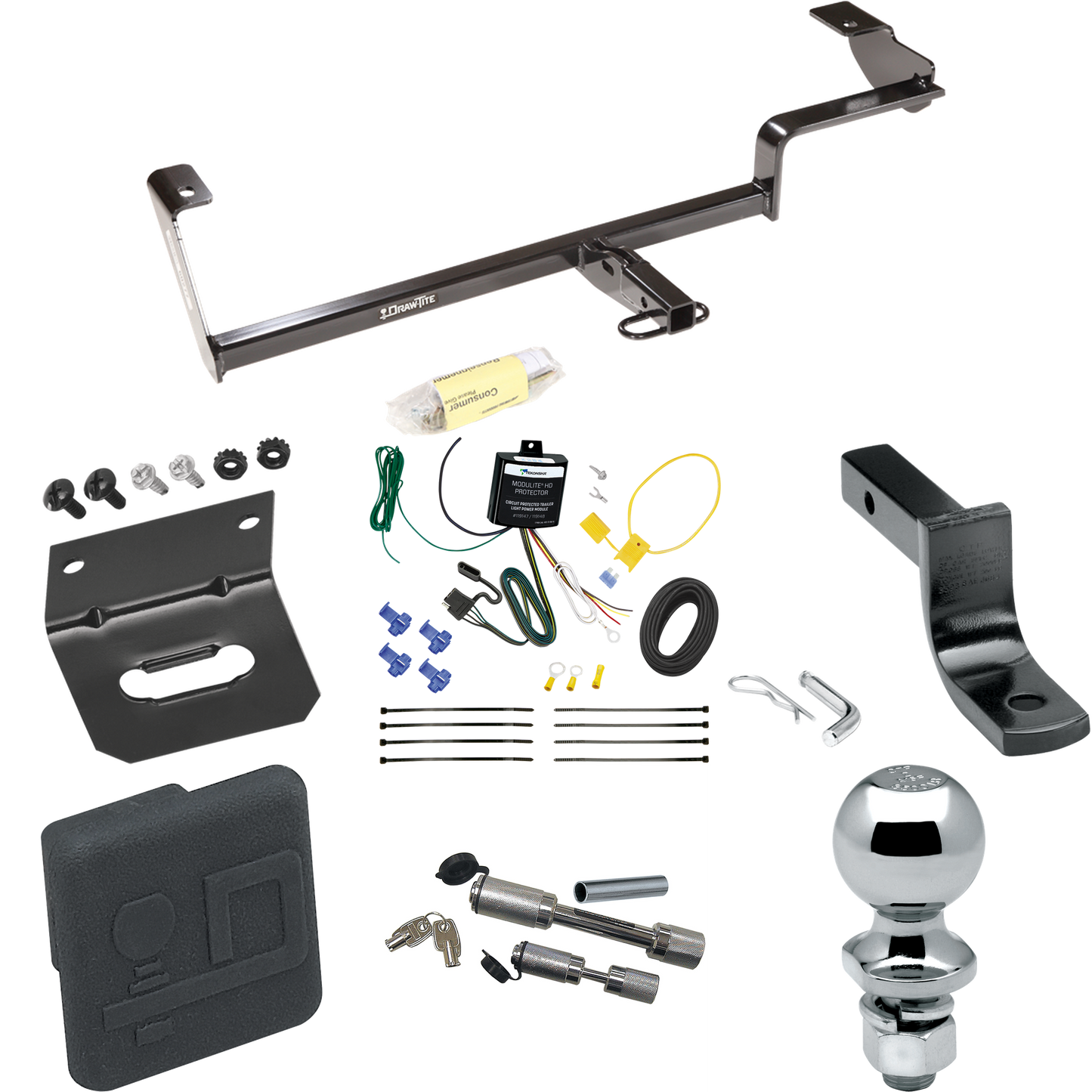 Fits 2013-2022 Acura ILX Trailer Hitch Tow PKG w/ 4-Flat Wiring Harness + Draw-Bar + 2" Ball + Wiring Bracket + Hitch Cover + Dual Hitch & Coupler Locks (Excludes: Hybrid Models) By Draw-Tite