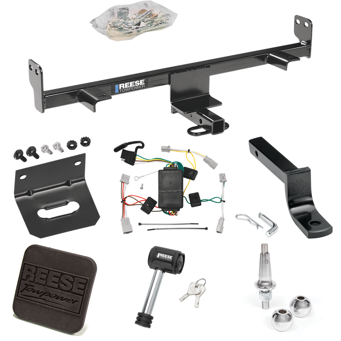 Fits 2004-2009 Mazda 3 Trailer Hitch Tow PKG w/ 4-Flat Wiring Harness + Draw-Bar + Interchangeable 1-7/8" & 2" Balls + Wiring Bracket + Hitch Cover + Hitch Lock (For Hatchback, Except w/Grand Touring LED Taillights Models) By Reese Towpower