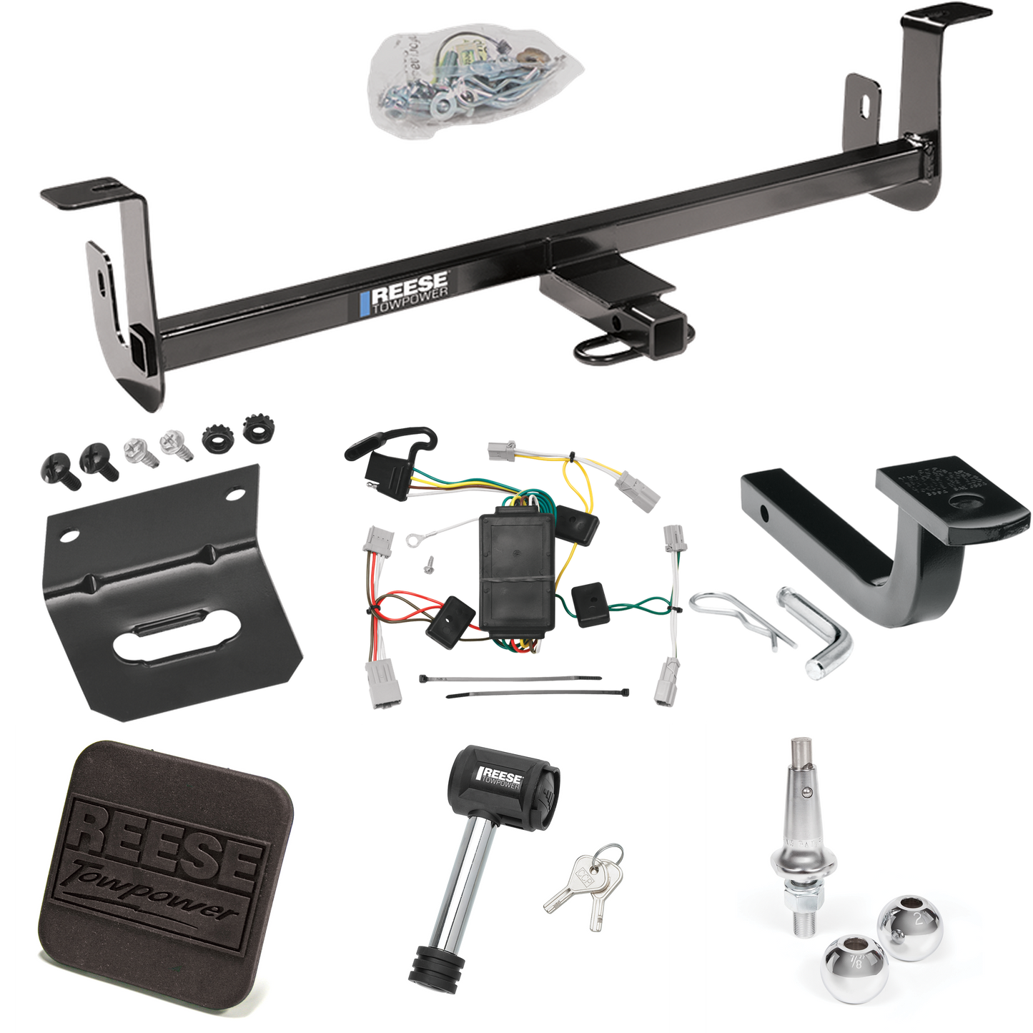 Fits 2010-2013 Mazda 3 Trailer Hitch Tow PKG w/ 4-Flat Wiring Harness + Draw-Bar + Interchangeable 1-7/8" & 2" Balls + Wiring Bracket + Hitch Cover + Hitch Lock (For Hatchback, w/Grand Touring LED Taillights Models) By Reese Towpower