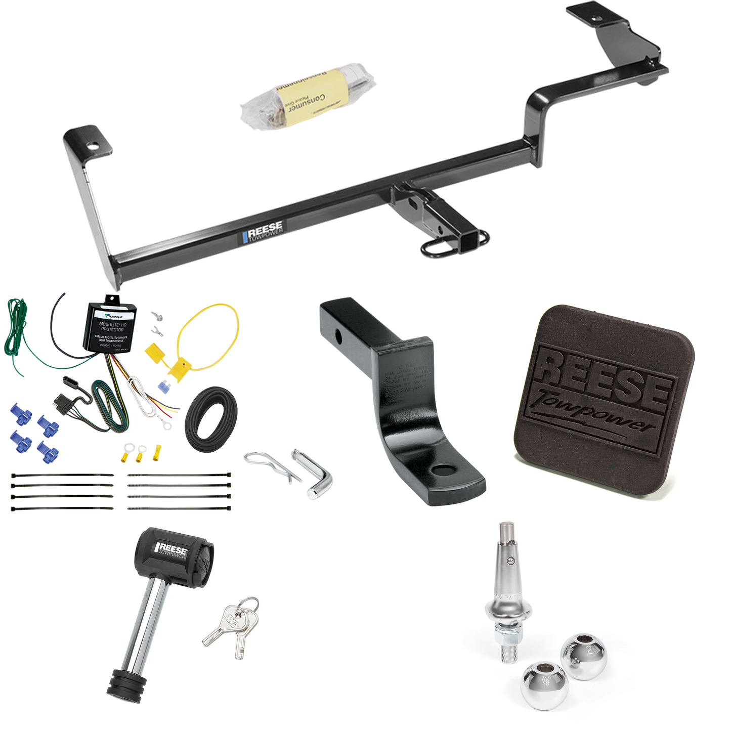 Fits 2006-2011 Acura CSX Trailer Hitch Tow PKG w/ 4-Flat Wiring Harness + Draw-Bar + Interchangeable 1-7/8" & 2" Balls + Hitch Cover + Hitch Lock (For (Canada Only) Models) By Reese Towpower