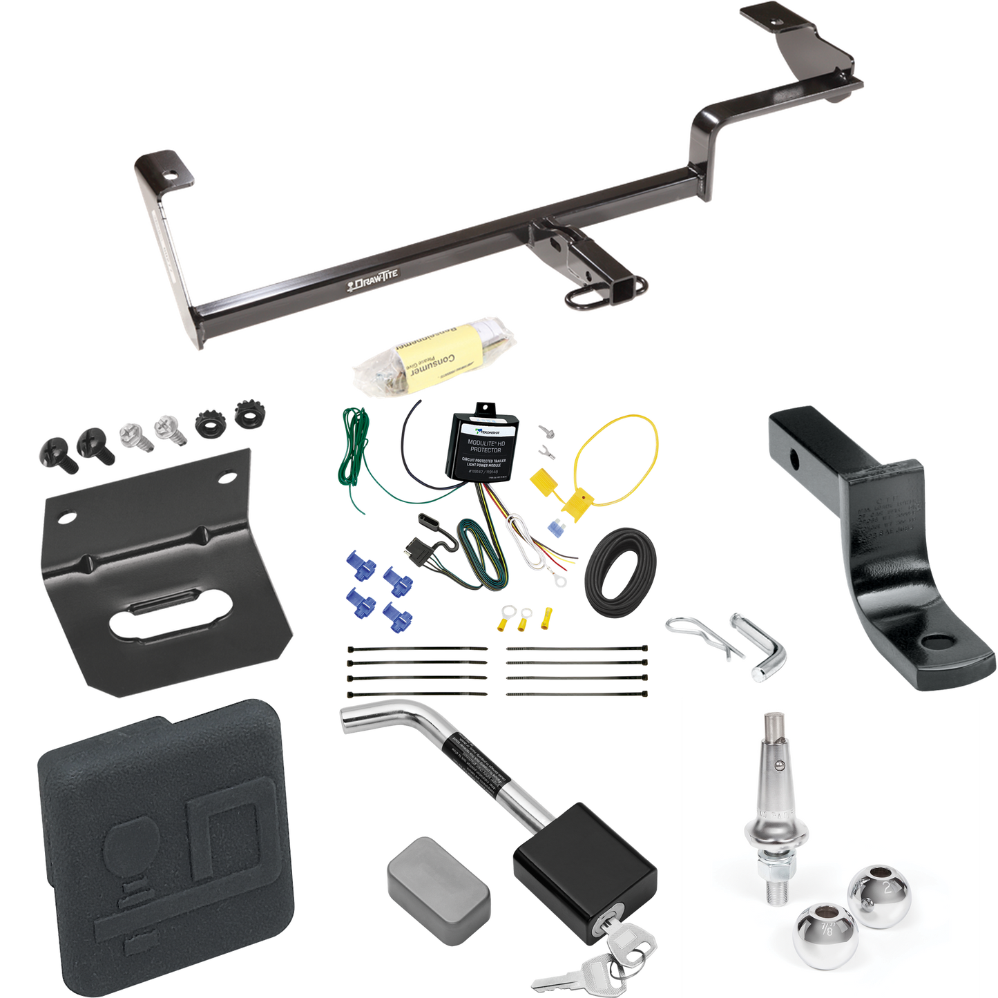 Fits 2006-2011 Acura CSX Trailer Hitch Tow PKG w/ 4-Flat Wiring Harness + Draw-Bar + Interchangeable 1-7/8" & 2" Balls + Wiring Bracket + Hitch Cover + Hitch Lock (For (Canada Only) Models) By Draw-Tite