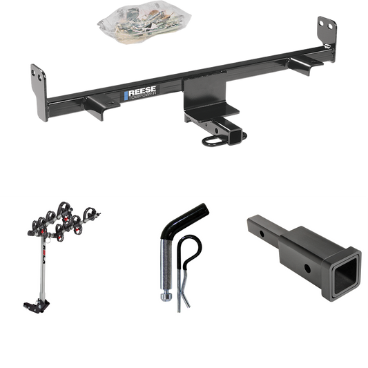 Fits 2004-2009 Mazda 3 Trailer Hitch Tow PKG w/ Hitch Adapter 1-1/4" to 2" Receiver + 1/2" Pin & Clip + 4 Bike Carrier Rack (For Sedan, Except w/Grand Touring LED Taillights Models) By Reese Towpower