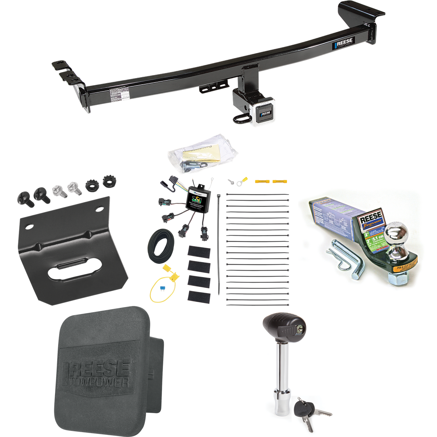 Fits 2003-2004 Volvo XC90 Trailer Hitch Tow PKG w/ 4-Flat Zero Contact "No Splice" Wiring + Starter Kit Ball Mount w/ 2" Drop & 1-7/8" Ball + Wiring Bracket + Hitch Lock + Hitch Cover By Reese Towpower