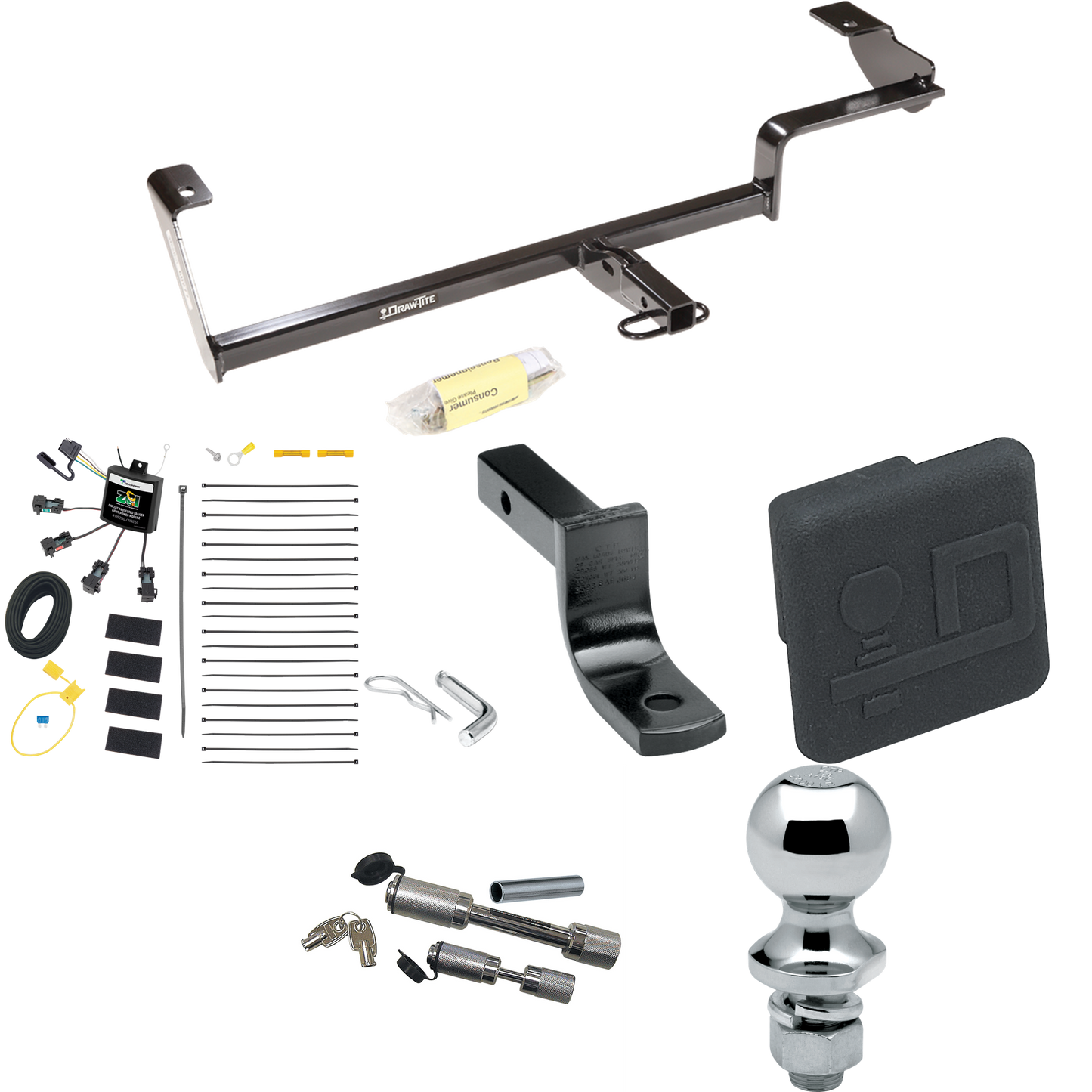 Fits 2013-2022 Acura ILX Trailer Hitch Tow PKG w/ 4-Flat Zero Contact "No Splice" Wiring Harness + Draw-Bar + 1-7/8" Ball + Hitch Cover + Dual Hitch & Coupler Locks (Excludes: Hybrid Models) By Draw-Tite