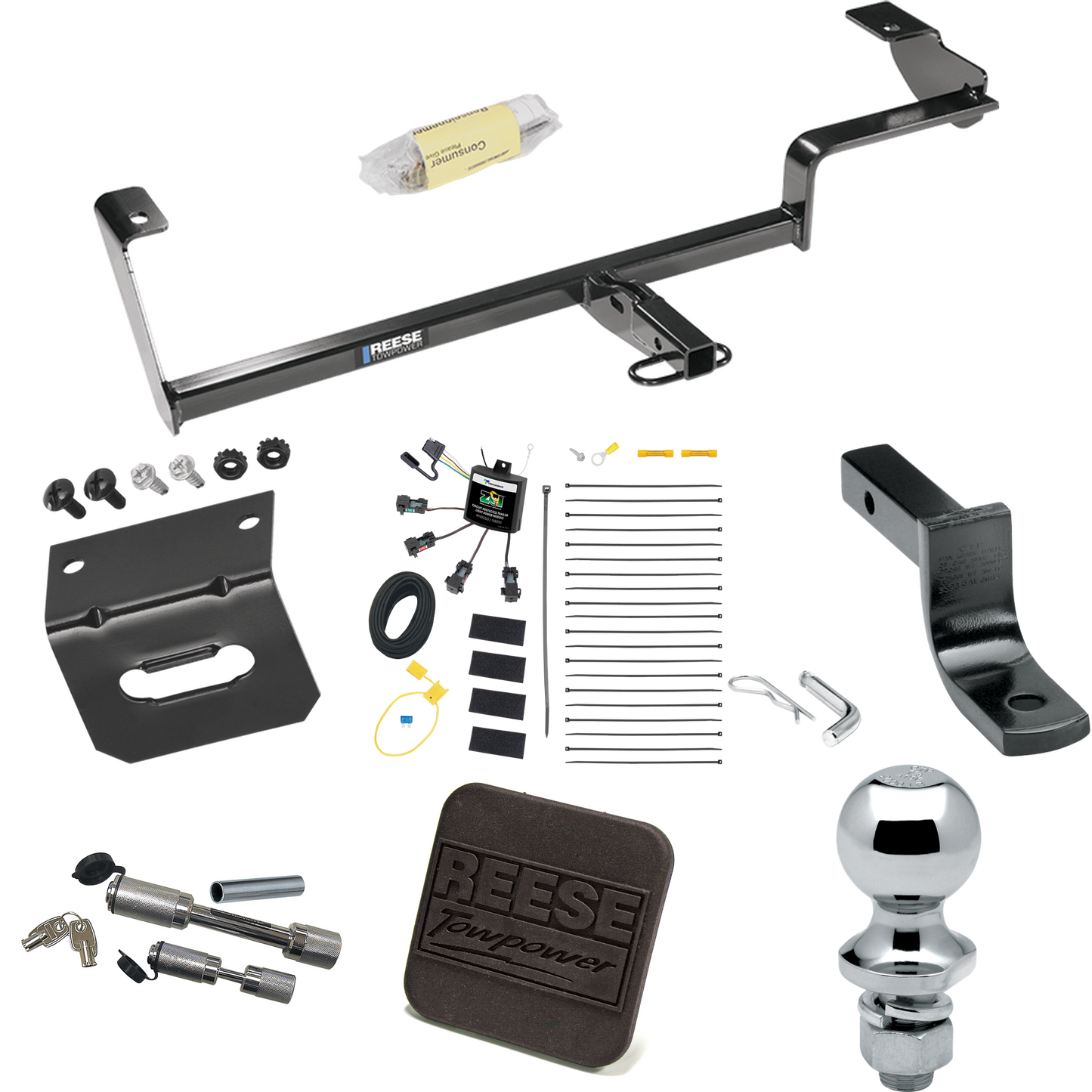 Fits 2013-2022 Acura ILX Trailer Hitch Tow PKG w/ 4-Flat Zero Contact "No Splice" Wiring Harness + Draw-Bar + 1-7/8" Ball + Wiring Bracket + Hitch Cover + Dual Hitch & Coupler Locks (Excludes: Hybrid Models) By Reese Towpower