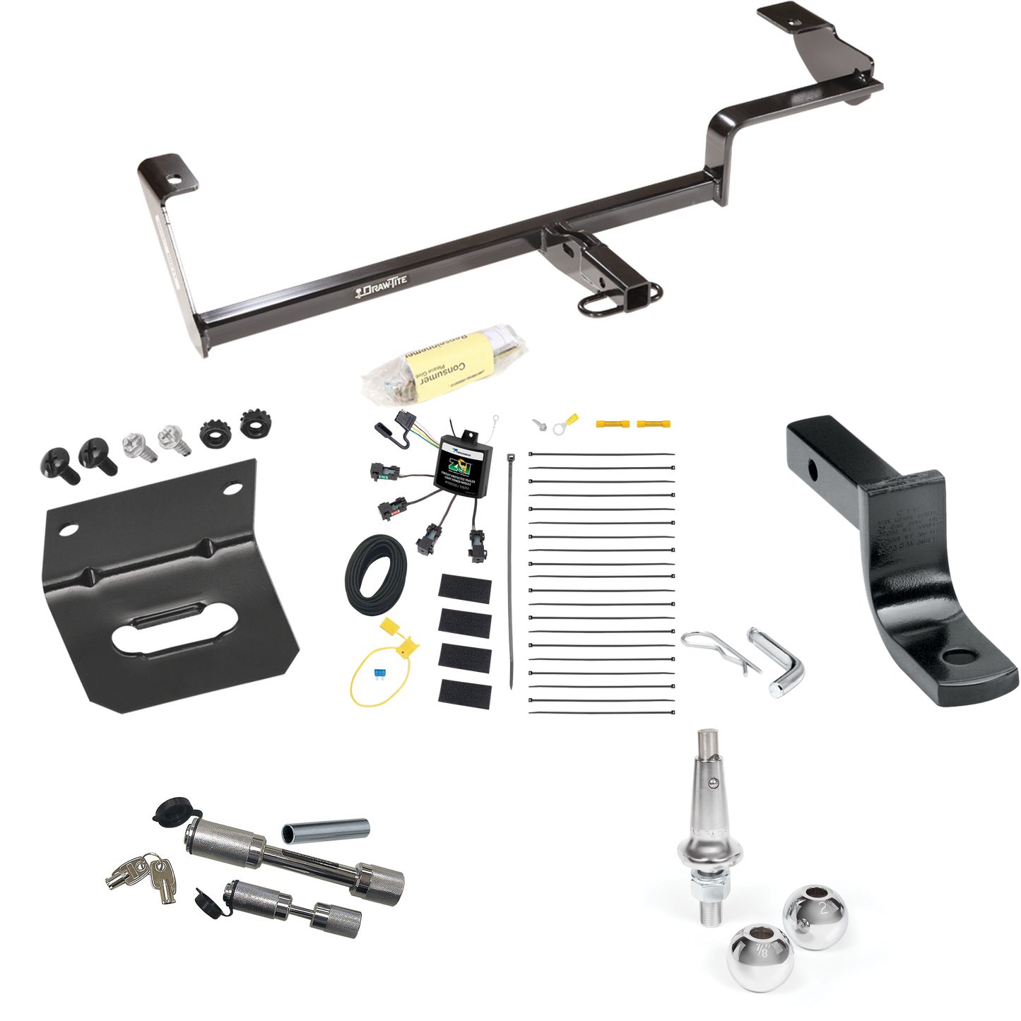 Fits 2013-2022 Acura ILX Trailer Hitch Tow PKG w/ 4-Flat Zero Contact "No Splice" Wiring Harness + Draw-Bar + Interchangeable 1-7/8" & 2" Balls + Wiring Bracket + Dual Hitch & Coupler Locks (Excludes: Hybrid Models) By Draw-Tite