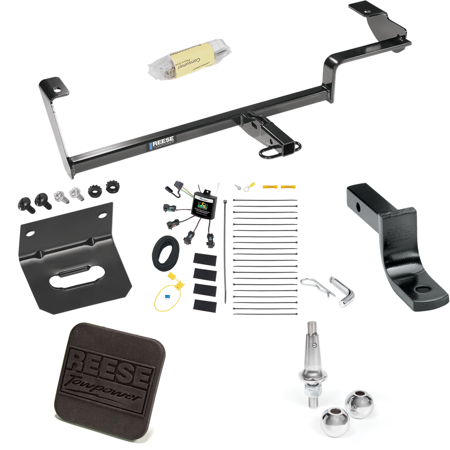 Fits 2013-2022 Acura ILX Trailer Hitch Tow PKG w/ 4-Flat Zero Contact "No Splice" Wiring Harness + Draw-Bar + Interchangeable 1-7/8" & 2" Balls + Wiring Bracket + Hitch Cover (Excludes: Hybrid Models) By Reese Towpower