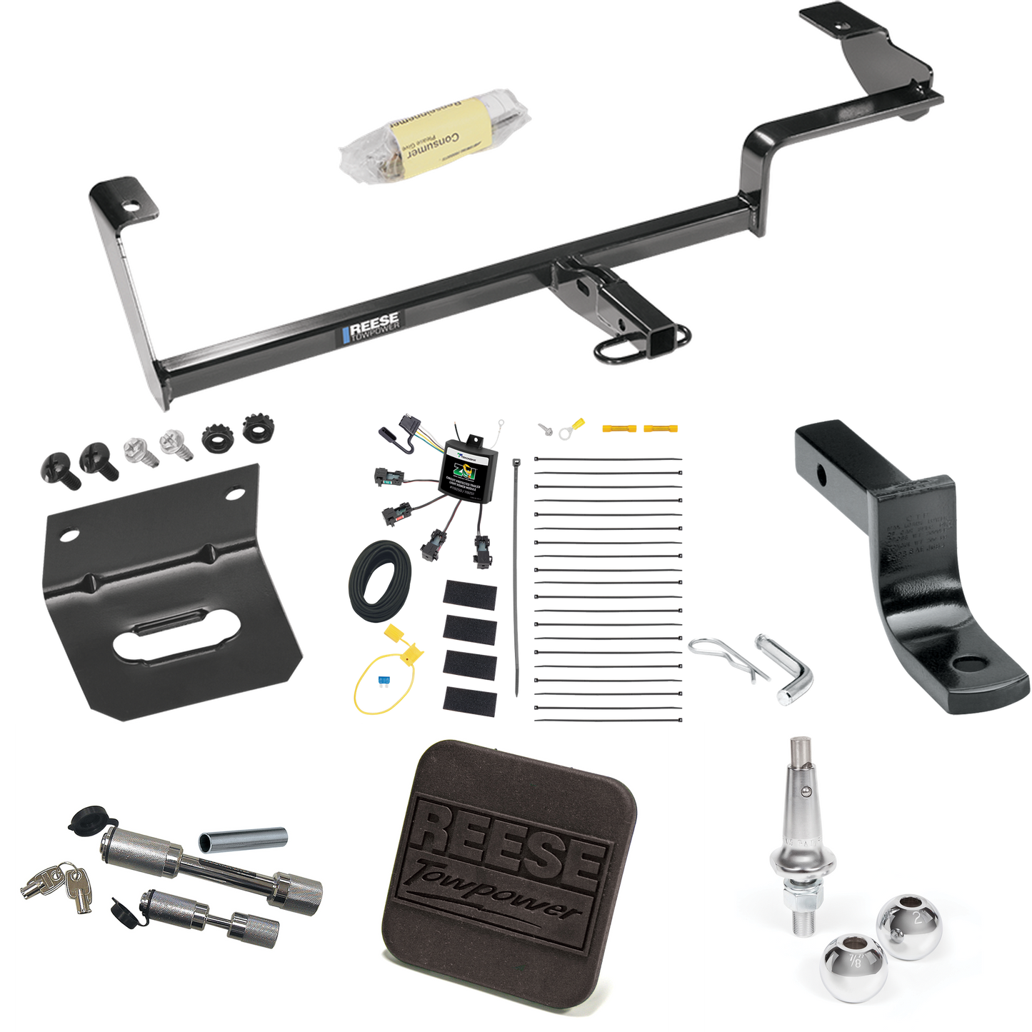 Fits 2006-2011 Acura CSX Trailer Hitch Tow PKG w/ 4-Flat Zero Contact "No Splice" Wiring Harness + Draw-Bar + Interchangeable 1-7/8" & 2" Balls + Wiring Bracket + Hitch Cover + Dual Hitch & Coupler Locks (For (Canada Only) Models) By Reese Towpower