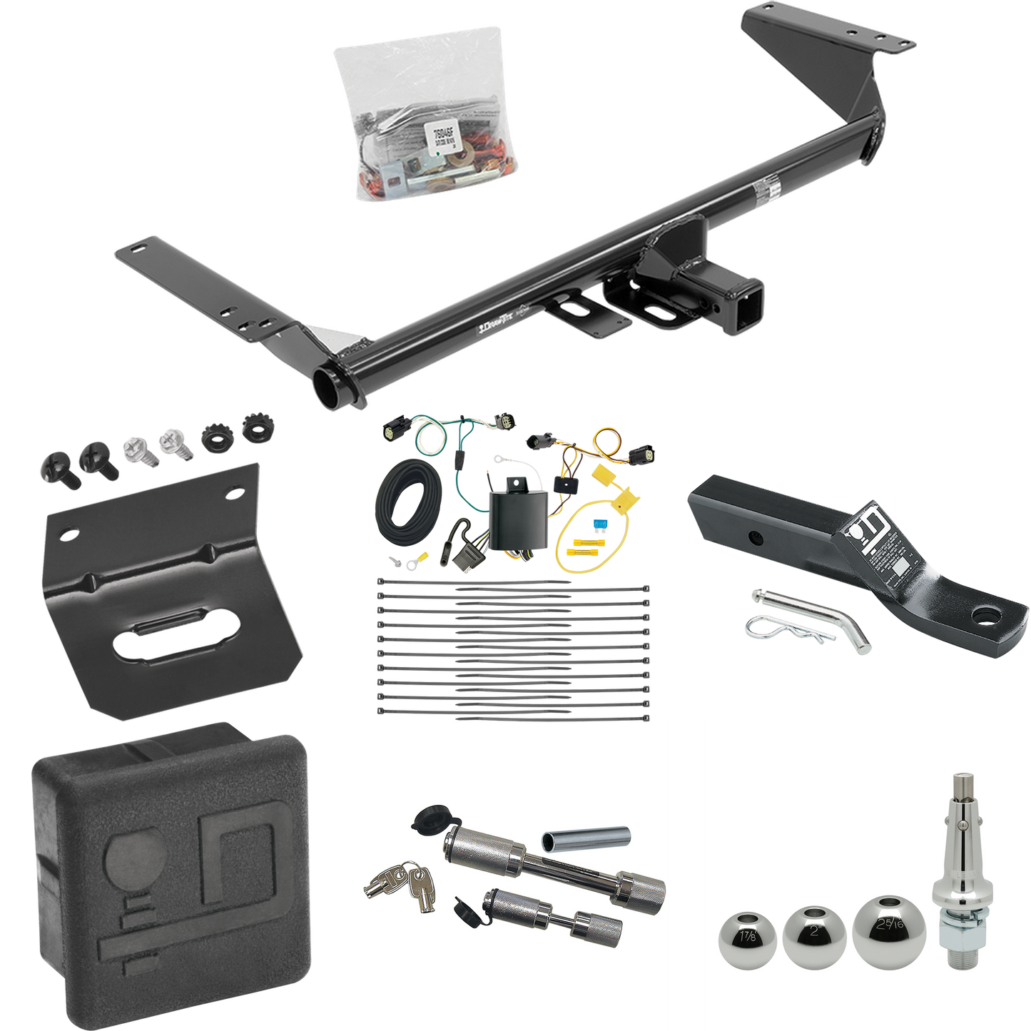 Fits 2017-2020 Chrysler Pacifica Trailer Hitch Tow PKG w/ 4-Flat Wiring + Ball Mount w/ 2" Drop + Interchangeable Ball 1-7/8" & 2" & 2-5/16" + Wiring Bracket + Dual Hitch & Coupler Locks + Hitch Cover (For Touring L Plus Models) By Draw-Tite