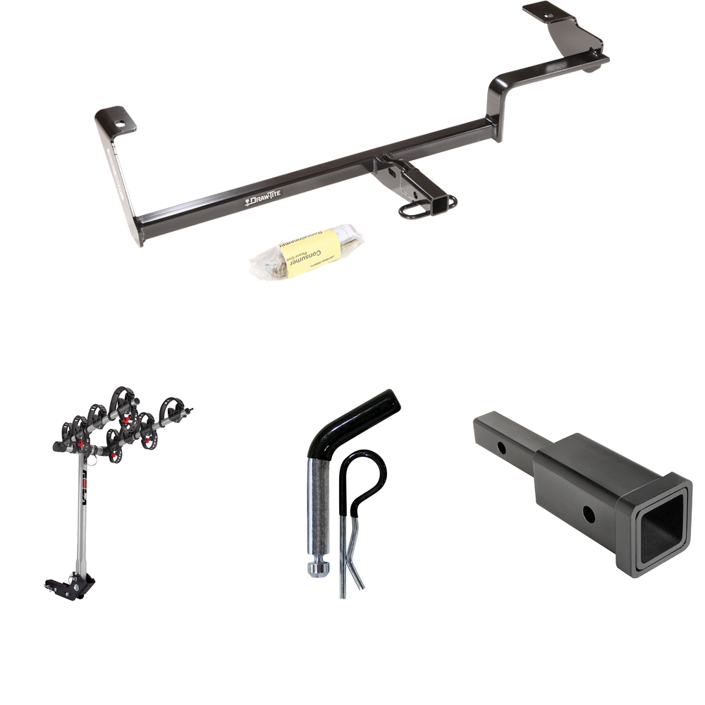 Fits 2013-2022 Acura ILX Trailer Hitch Tow PKG w/ Hitch Adapter 1-1/4" to 2" Receiver + 1/2" Pin & Clip + 4 Bike Carrier Rack (Excludes: Hybrid Models) By Draw-Tite