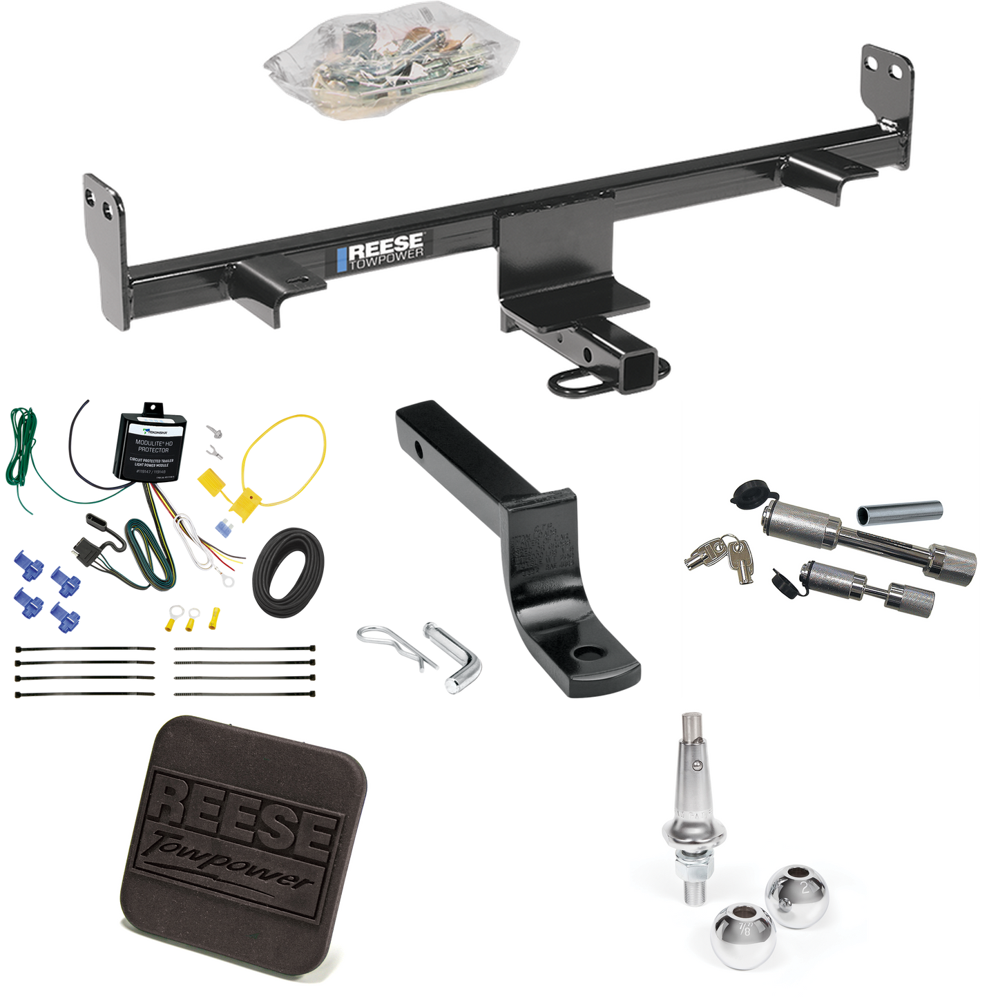 Fits 2006-2009 Mazda 3 Trailer Hitch Tow PKG w/ 4-Flat Wiring Harness + Draw-Bar + Interchangeable 1-7/8" & 2" Balls + Hitch Cover + Dual Hitch & Coupler Locks (For Hatchback, w/Grand Touring LED Taillights Models) By Reese Towpower