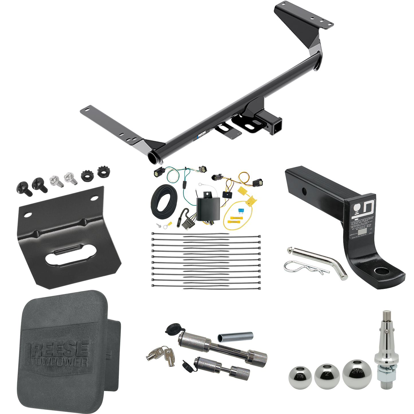 Fits 2017-2020 Chrysler Pacifica Trailer Hitch Tow PKG w/ 4-Flat Wiring + Ball Mount w/ 4" Drop + Interchangeable Ball 1-7/8" & 2" & 2-5/16" + Wiring Bracket + Dual Hitch & Coupler Locks + Hitch Cover (For Touring L Models) By Reese Towpower