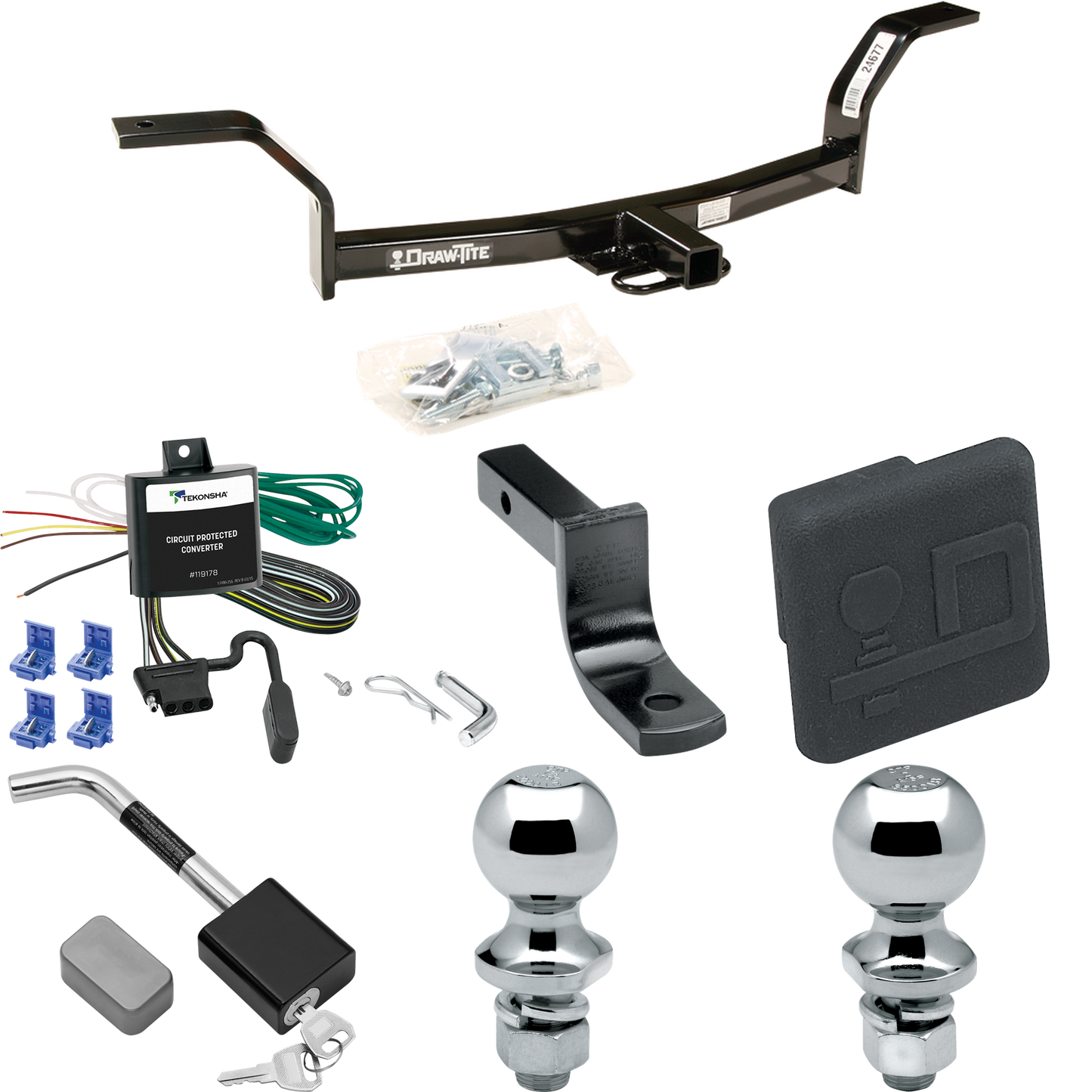 Fits 1997-2001 Acura EL Trailer Hitch Tow PKG w/ 4-Flat Wiring Harness + Draw-Bar + 1-7/8" + 2" Ball + Hitch Cover + Hitch Lock (For (Canada Only) Models) By Draw-Tite