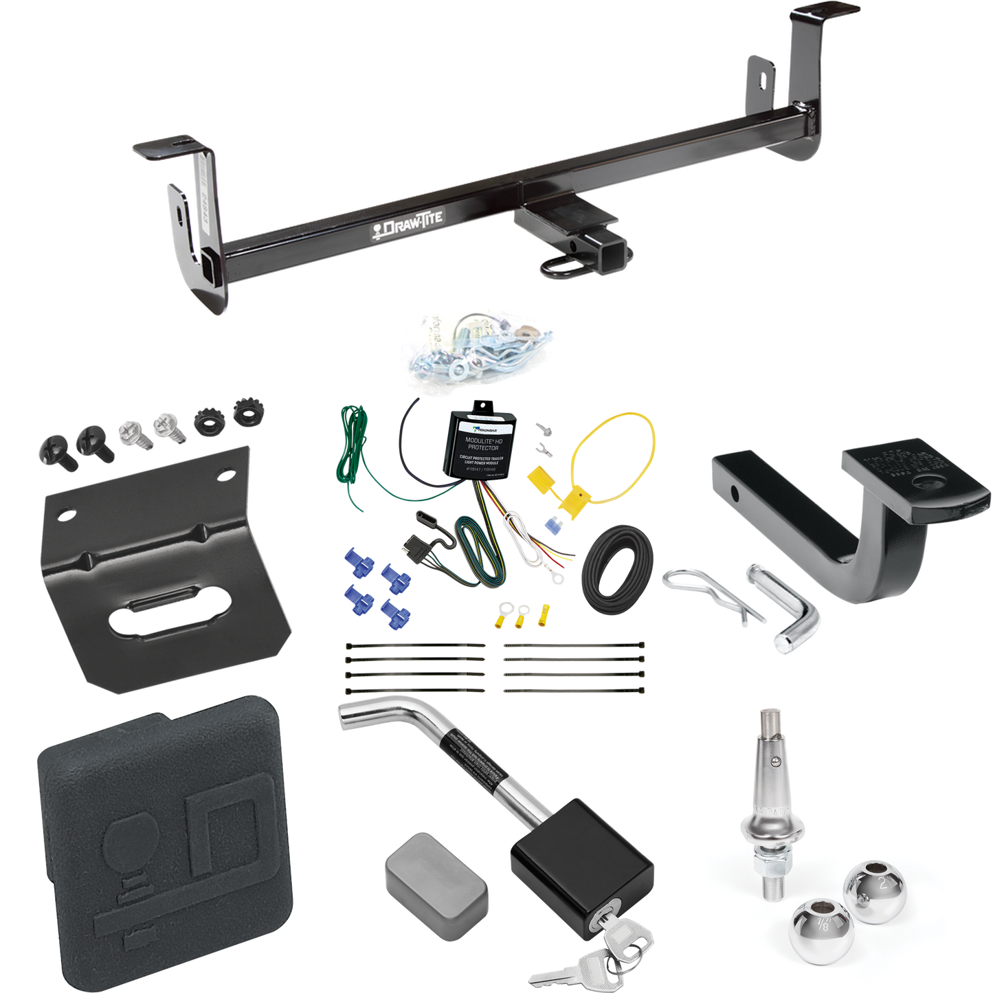 Fits 2010-2013 Mazda 3 Trailer Hitch Tow PKG w/ 4-Flat Wiring Harness + Draw-Bar + Interchangeable 1-7/8" & 2" Balls + Wiring Bracket + Hitch Cover + Hitch Lock (For Hatchback, w/Grand Touring LED Taillights Models) By Draw-Tite