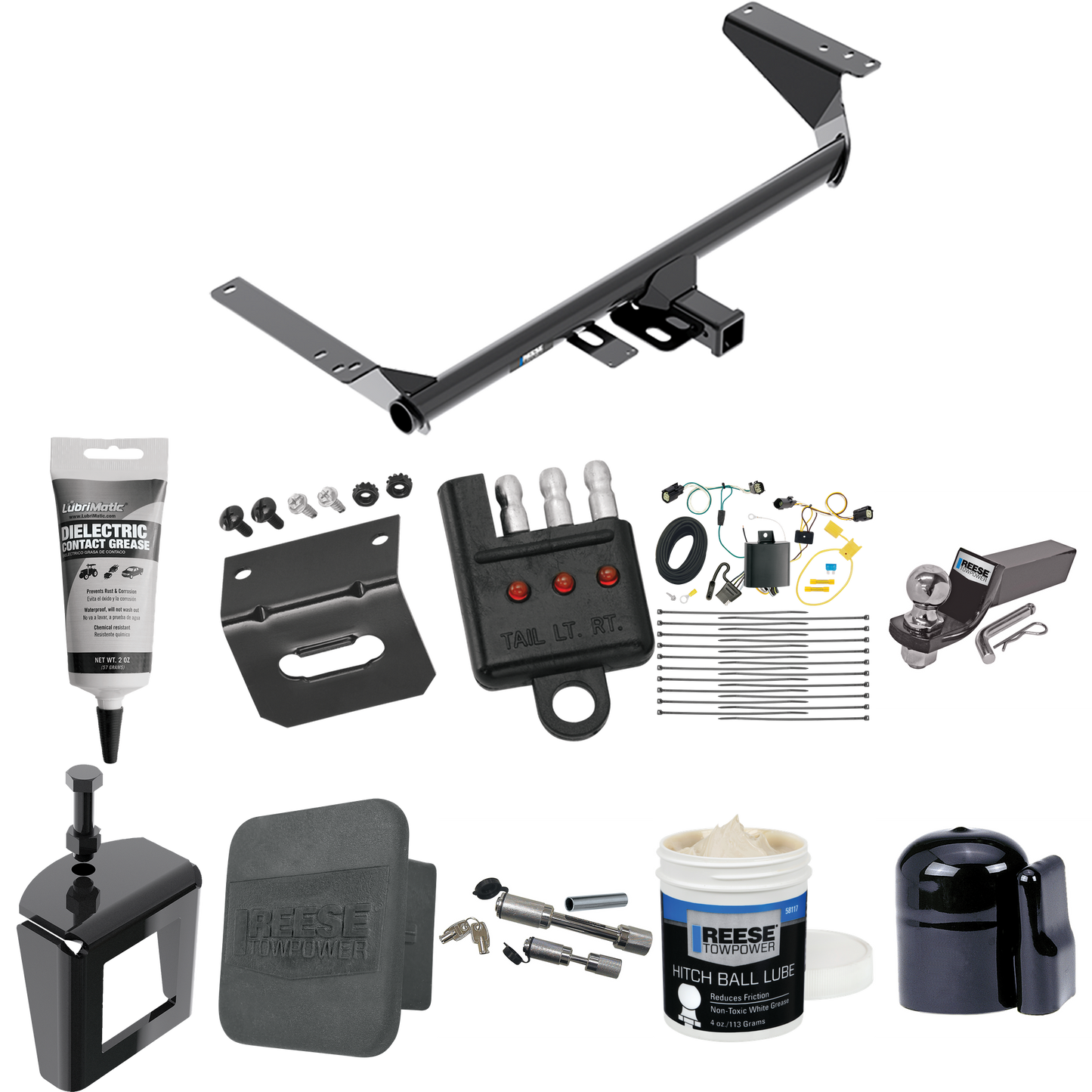 Fits 2018-2019 Chrysler Pacifica Trailer Hitch Tow PKG w/ 4-Flat Wiring + Starter Kit Ball Mount w/ 2" Drop & 2" Ball + 1-7/8" Ball + Wiring Bracket + Dual Hitch & Coupler Locks + Hitch Cover + Wiring Tester + Ball Lube + Electric Grease + Ball Wrenc