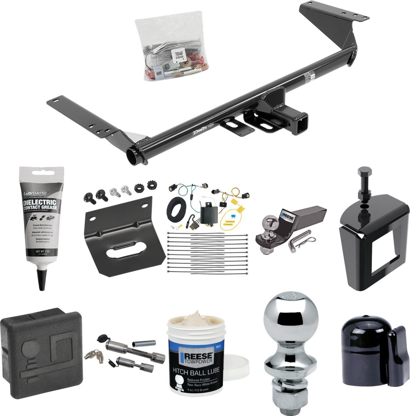 Fits 2017-2020 Chrysler Pacifica Trailer Hitch Tow PKG w/ 4-Flat Wiring + Starter Kit Ball Mount w/ 2" Drop & 2" Ball + 1-7/8" Ball + Wiring Bracket + Dual Hitch & Coupler Locks + Hitch Cover + Wiring Tester + Ball Lube +Electric Grease + Ball Wrench