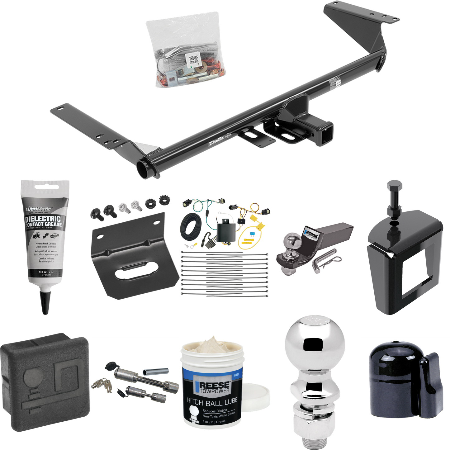 Fits 2017-2020 Chrysler Pacifica Trailer Hitch Tow PKG w/ 4-Flat Wiring + Starter Kit Ball Mount w/ 2" Drop & 2" Ball + 2-5/16" Ball + Wiring Bracket + Dual Hitch & Coupler Locks + Hitch Cover + Wiring Tester + Ball Lube +Electric Grease + Ball Wrenc