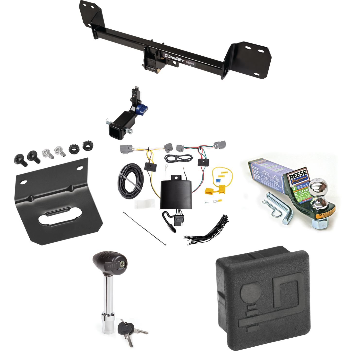 Fits 2016-2023 Volvo XC90 Trailer Hitch Tow PKG w/ 4-Flat Wiring + Starter Kit Ball Mount w/ 2" Drop & 1-7/8" Ball + Wiring Bracket + Hitch Lock + Hitch Cover By Draw-Tite