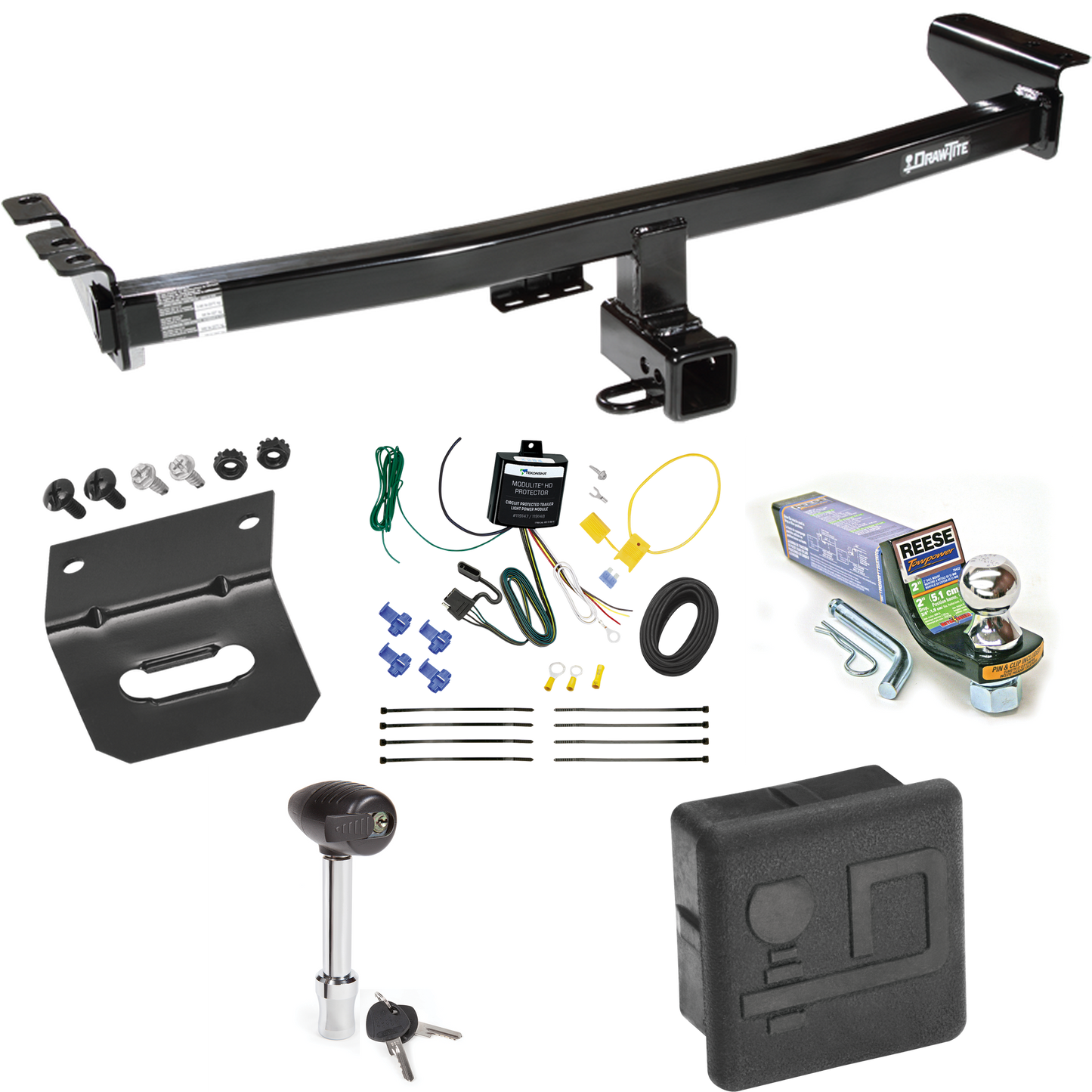 Fits 2003-2004 Volvo XC90 Trailer Hitch Tow PKG w/ 4-Flat Wiring + Starter Kit Ball Mount w/ 2" Drop & 1-7/8" Ball + Wiring Bracket + Hitch Lock + Hitch Cover By Draw-Tite