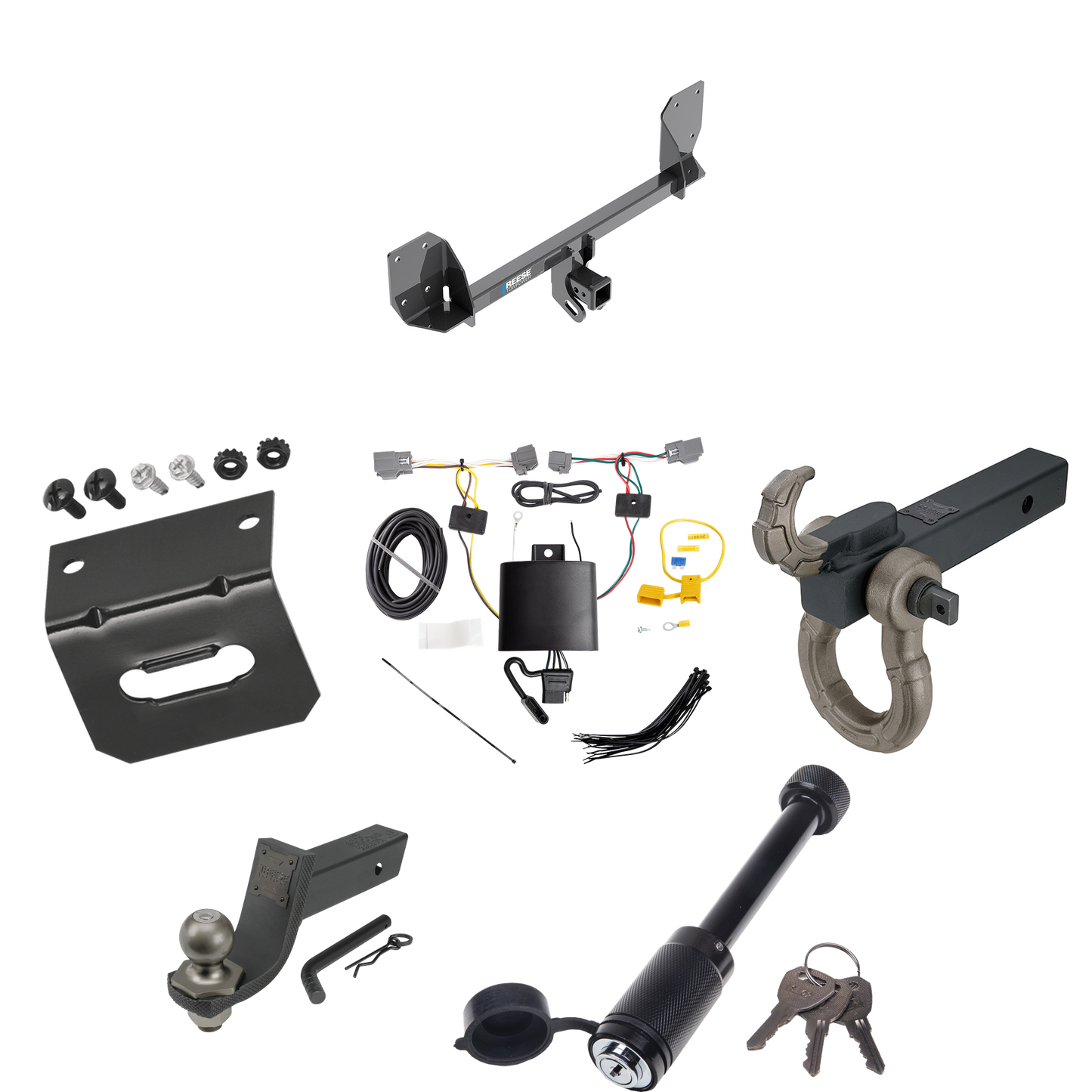 Fits 2016-2023 Volvo XC90 Trailer Hitch Tow PKG w/ 4-Flat Wiring + Interlock Tactical Starter Kit w/ 3-1/4" Drop & 2" Ball + Tactical Hook & Shackle Mount + Tactical Dogbone Lock + Wiring Bracket By Reese Towpower