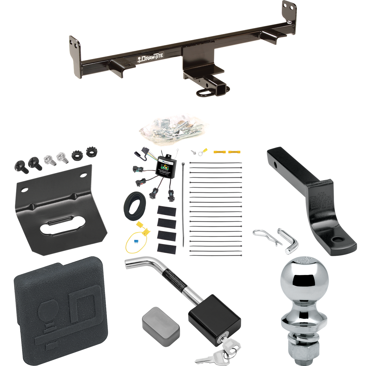 Fits 2006-2009 Mazda 3 Trailer Hitch Tow PKG w/ 4-Flat Zero Contact "No Splice" Wiring Harness + Draw-Bar + 1-7/8" Ball + Wiring Bracket + Hitch Cover + Hitch Lock (For Sedan, w/Grand Touring LED Taillights Models) By Draw-Tite