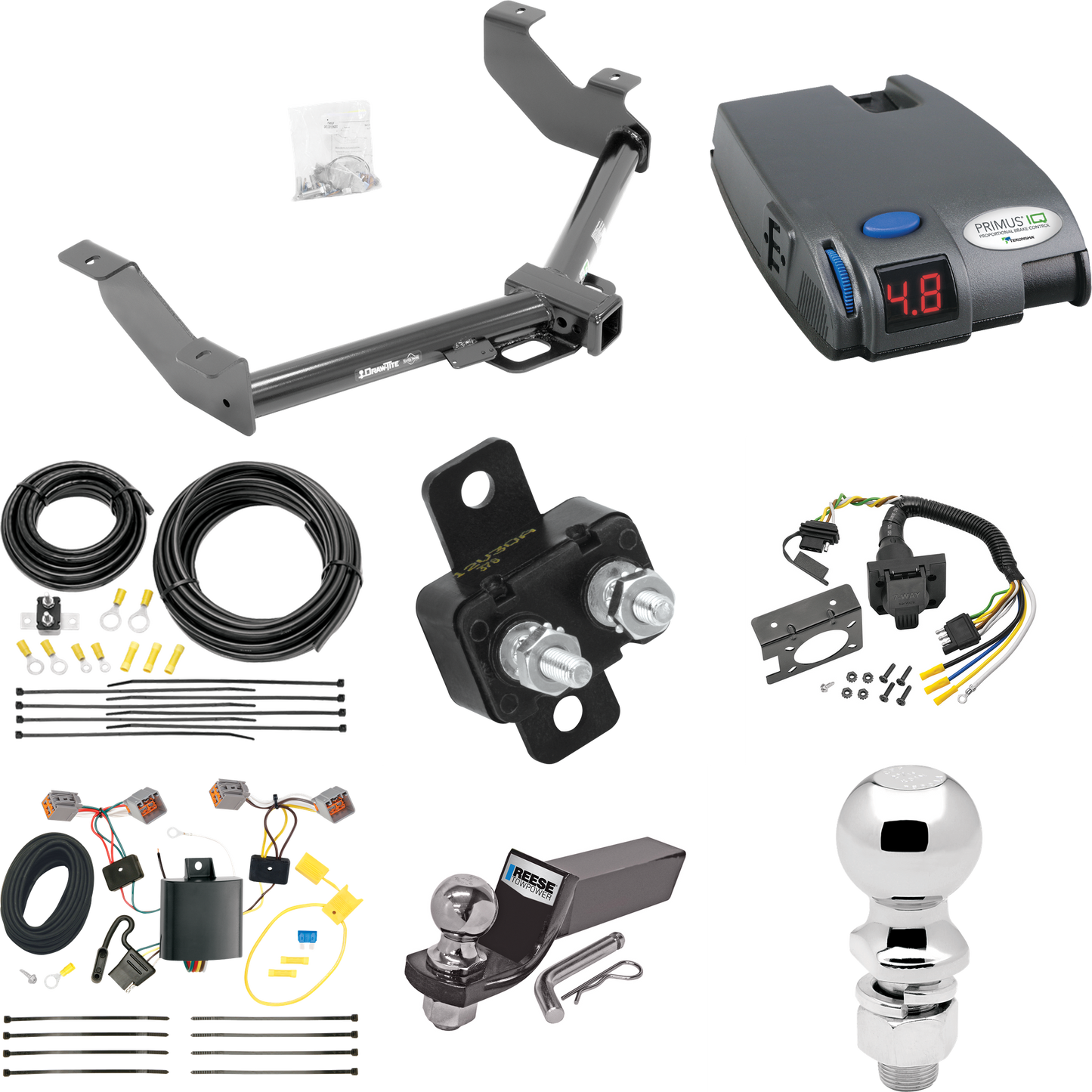 Se adapta al paquete de enganche de remolque Ford Transit Connect 2014-2023 con control de freno Tekonsha Primus IQ + cableado RV de 7 vías + soporte de bola y caída de 2" y 2-5/16" de Draw-Tite