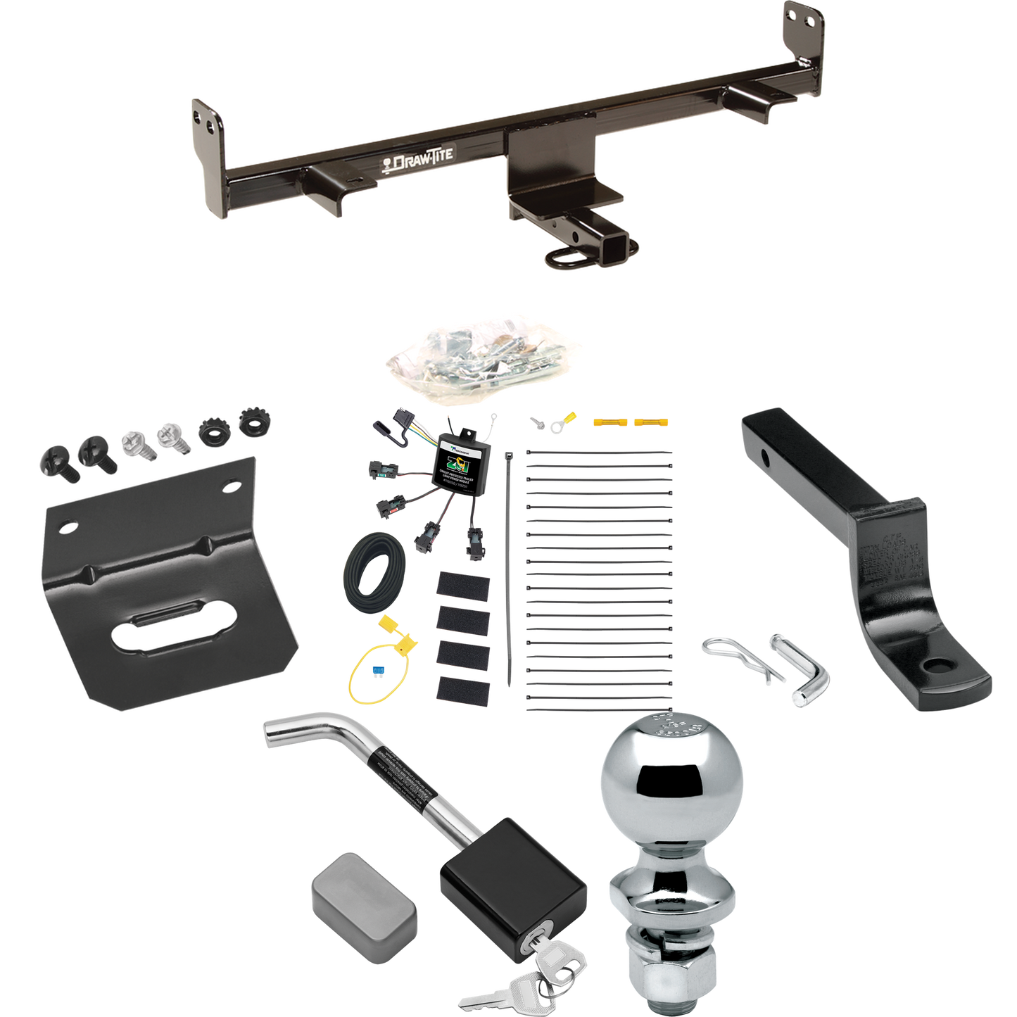 Fits 2006-2009 Mazda 3 Trailer Hitch Tow PKG w/ 4-Flat Zero Contact "No Splice" Wiring Harness + Draw-Bar + 2" Ball + Wiring Bracket + Hitch Lock (For Hatchback, w/Grand Touring LED Taillights Models) By Draw-Tite