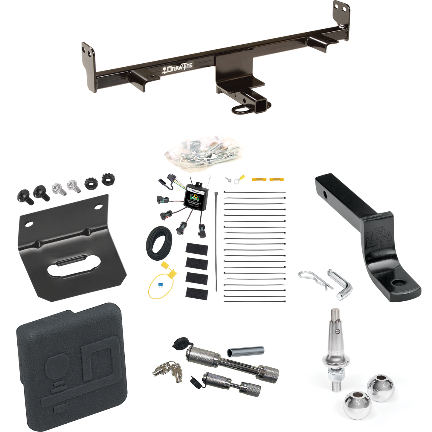 Fits 2006-2009 Mazda 3 Trailer Hitch Tow PKG w/ 4-Flat Zero Contact "No Splice" Wiring Harness + Draw-Bar + Interchangeable 1-7/8" & 2" Balls + Wiring Bracket + Hitch Cover + Dual Hitch & Coupler Locks (For Hatchback, w/Grand Touring LED Taillights M