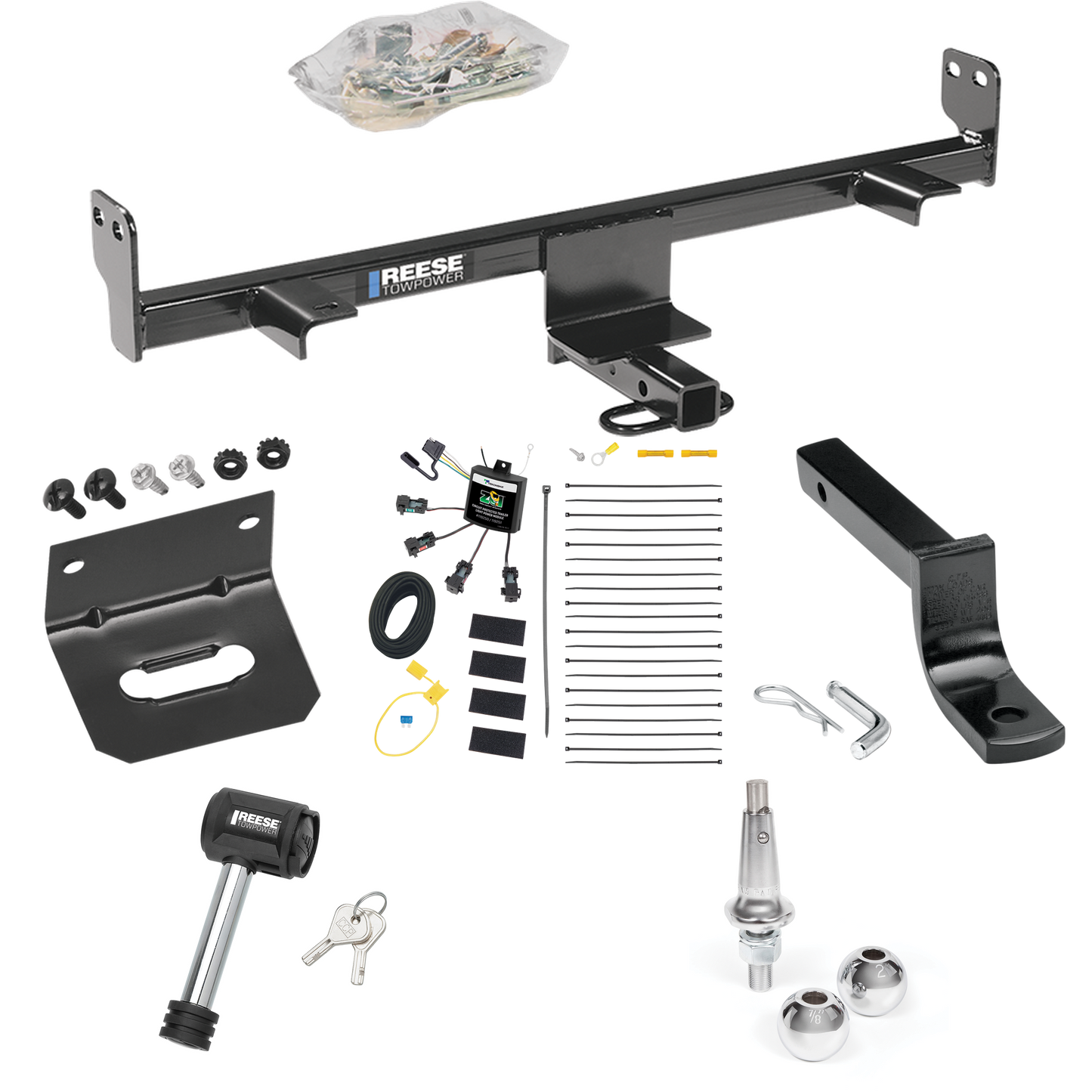 Fits 2006-2009 Mazda 3 Trailer Hitch Tow PKG w/ 4-Flat Zero Contact "No Splice" Wiring Harness + Draw-Bar + Interchangeable 1-7/8" & 2" Balls + Wiring Bracket + Hitch Lock (For Sedan, w/Grand Touring LED Taillights Models) By Reese Towpower