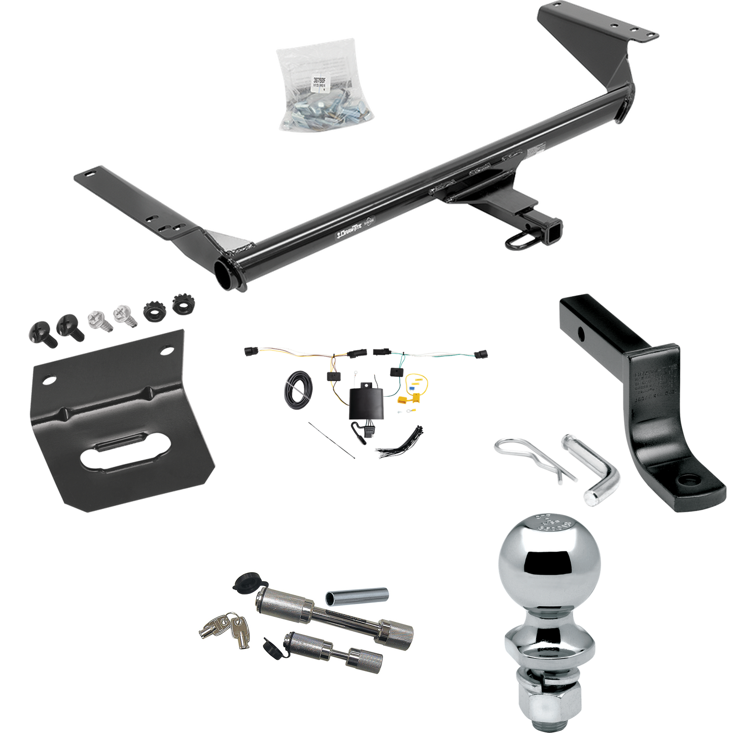 Fits 2021-2023 Chrysler Pacifica Trailer Hitch Tow PKG w/ 4-Flat Wiring Harness + Draw-Bar + 2" Ball + Wiring Bracket + Dual Hitch & Coupler Locks By Draw-Tite