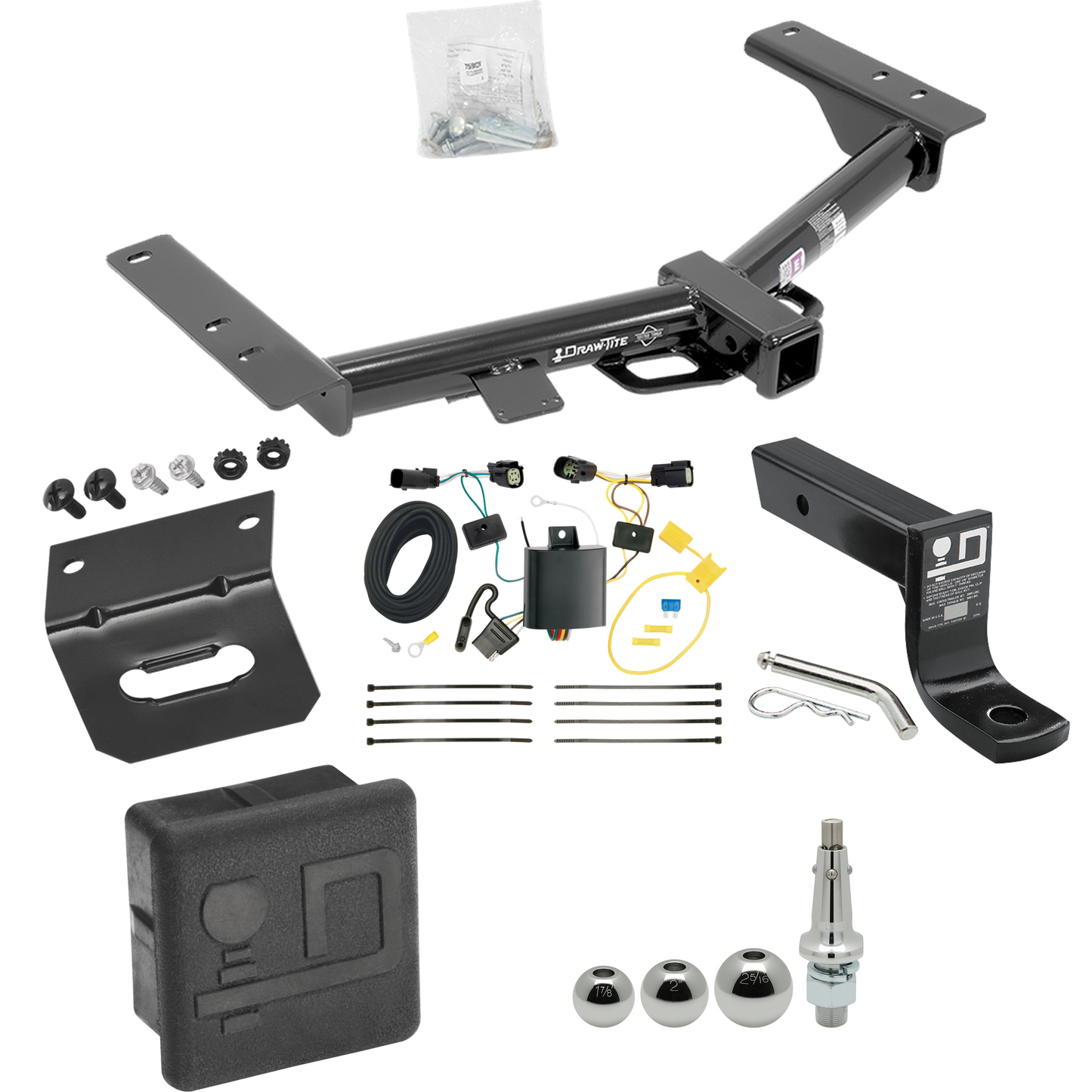 Fits 2015-2023 Ford Transit-150 Trailer Hitch Tow PKG w/ 4-Flat Wiring + Ball Mount w/ 4" Drop + Interchangeable Ball 1-7/8" & 2" & 2-5/16" + Wiring Bracket + Hitch Cover (Excludes: Cab & Chassis and the Cutaway Models) By Draw-Tite