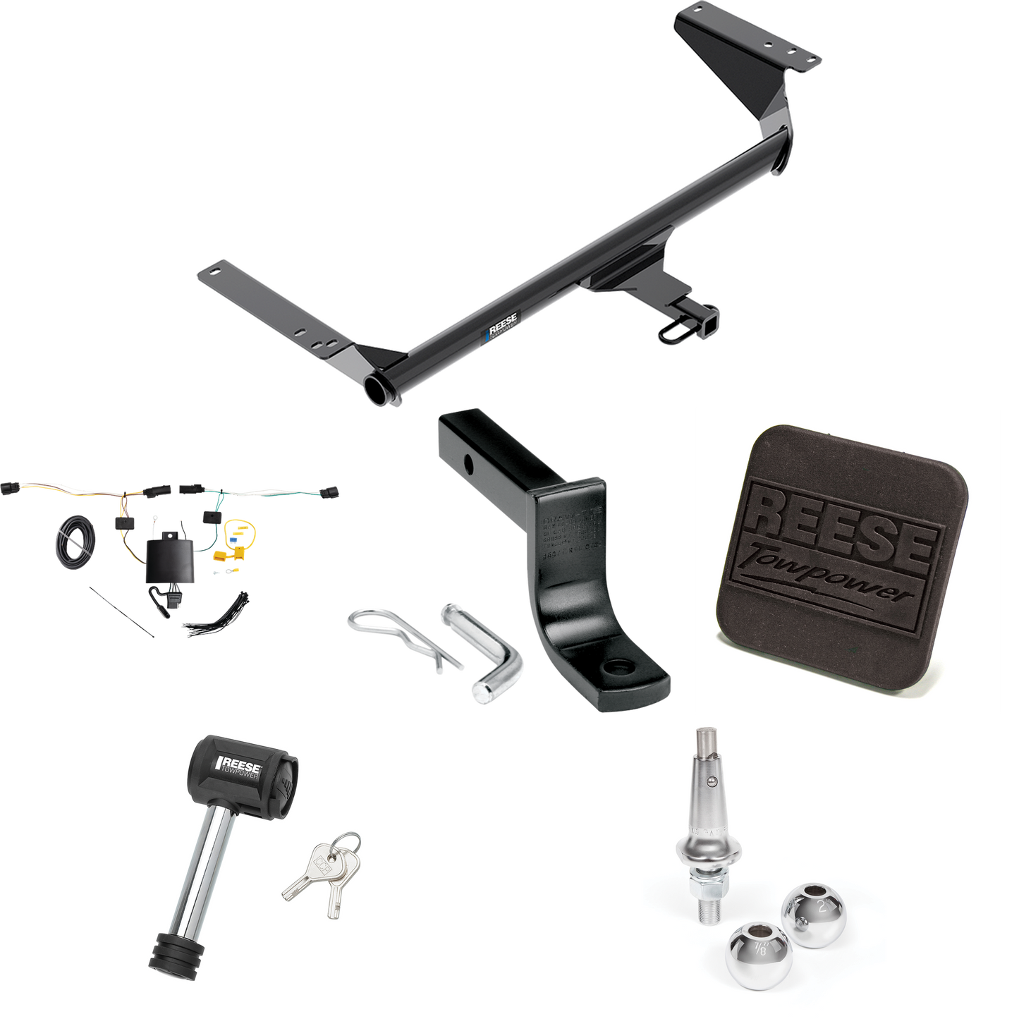 Fits 2021-2023 Chrysler Pacifica Trailer Hitch Tow PKG w/ 4-Flat Wiring Harness + Draw-Bar + Interchangeable 1-7/8" & 2" Balls + Hitch Cover + Hitch Lock (For Touring Models) By Reese Towpower