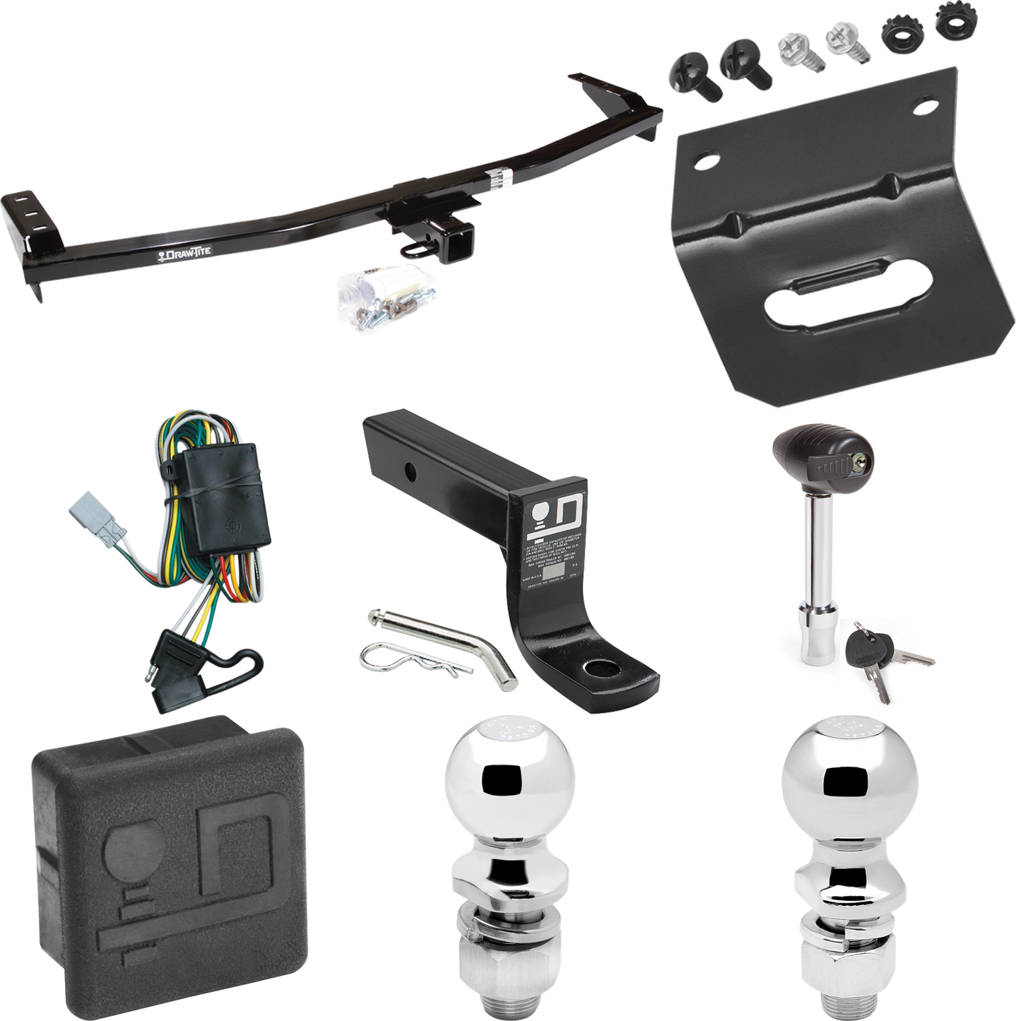 Fits 2003-2008 Honda Pilot Trailer Hitch Tow PKG w/ 4-Flat Wiring + Ball Mount w/ 4" Drop + 2" Ball + 2-5/16" Ball + Wiring Bracket + Hitch Lock + Hitch Cover By Draw-Tite