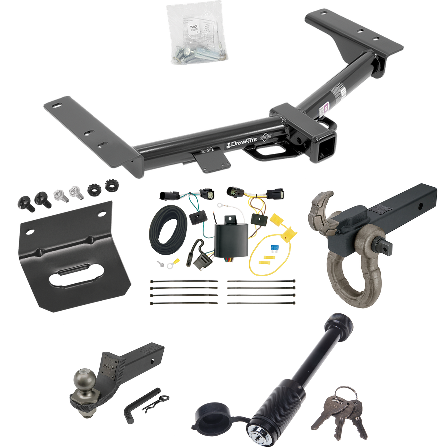 Fits 2015-2023 Ford Transit-250 Trailer Hitch Tow PKG w/ 4-Flat Wiring + Interlock Tactical Starter Kit w/ 2" Drop & 2" Ball + Tactical Hook & Shackle Mount + Tactical Dogbone Lock + Wiring Bracket (Excludes: Cab & Chassis and the Cutaway Models) By