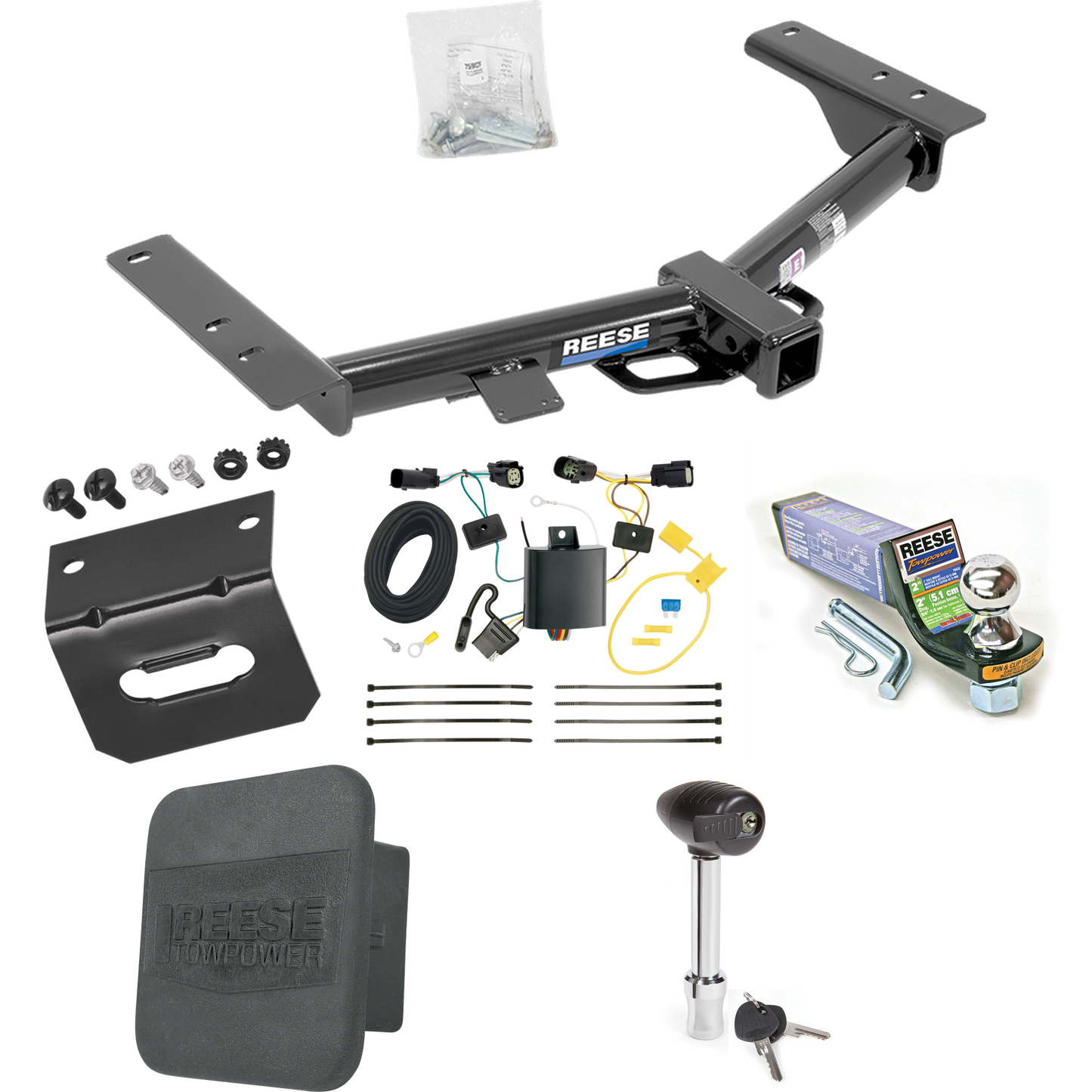 Fits 2015-2023 Ford Transit-150 Trailer Hitch Tow PKG w/ 4-Flat Wiring + Starter Kit Ball Mount w/ 2" Drop & 1-7/8" Ball + Wiring Bracket + Hitch Lock + Hitch Cover (Excludes: Cab & Chassis and the Cutaway Models) By Reese Towpower