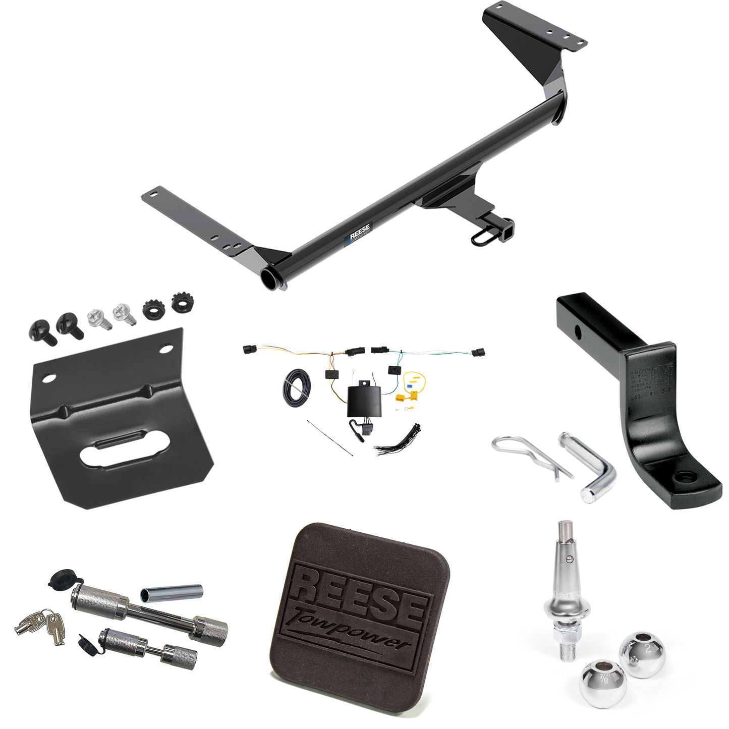 Fits 2021-2023 Chrysler Pacifica Trailer Hitch Tow PKG w/ 4-Flat Wiring Harness + Draw-Bar + Interchangeable 1-7/8" & 2" Balls + Wiring Bracket + Hitch Cover + Dual Hitch & Coupler Locks (For Limited Models) By Reese Towpower