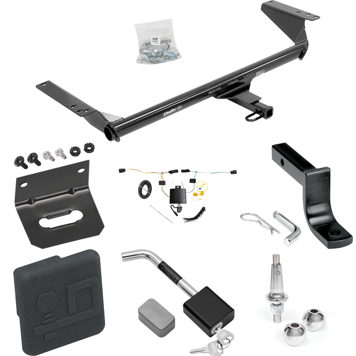 Fits 2021-2023 Chrysler Pacifica Trailer Hitch Tow PKG w/ 4-Flat Wiring Harness + Draw-Bar + Interchangeable 1-7/8" & 2" Balls + Wiring Bracket + Hitch Cover + Hitch Lock (For Touring L Plus Models) By Draw-Tite