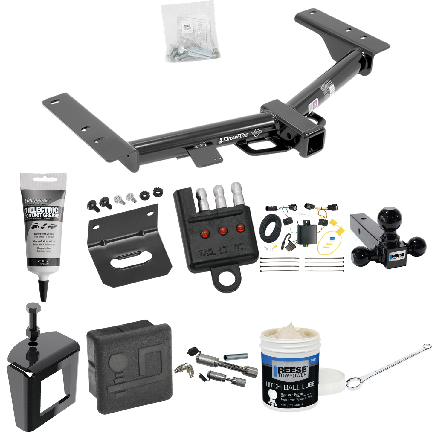 Fits 2015-2023 Ford Transit-150 Trailer Hitch Tow PKG w/ 4-Flat Wiring + Triple Ball Ball Mount 1-7/8" & 2" & 2-5/16" Trailer Balls + Wiring Bracket + Hitch Cover + Dual Hitch & Coupler Locks + Wiring Tester + Ball Lube + Electric Grease + Ball Wrenc